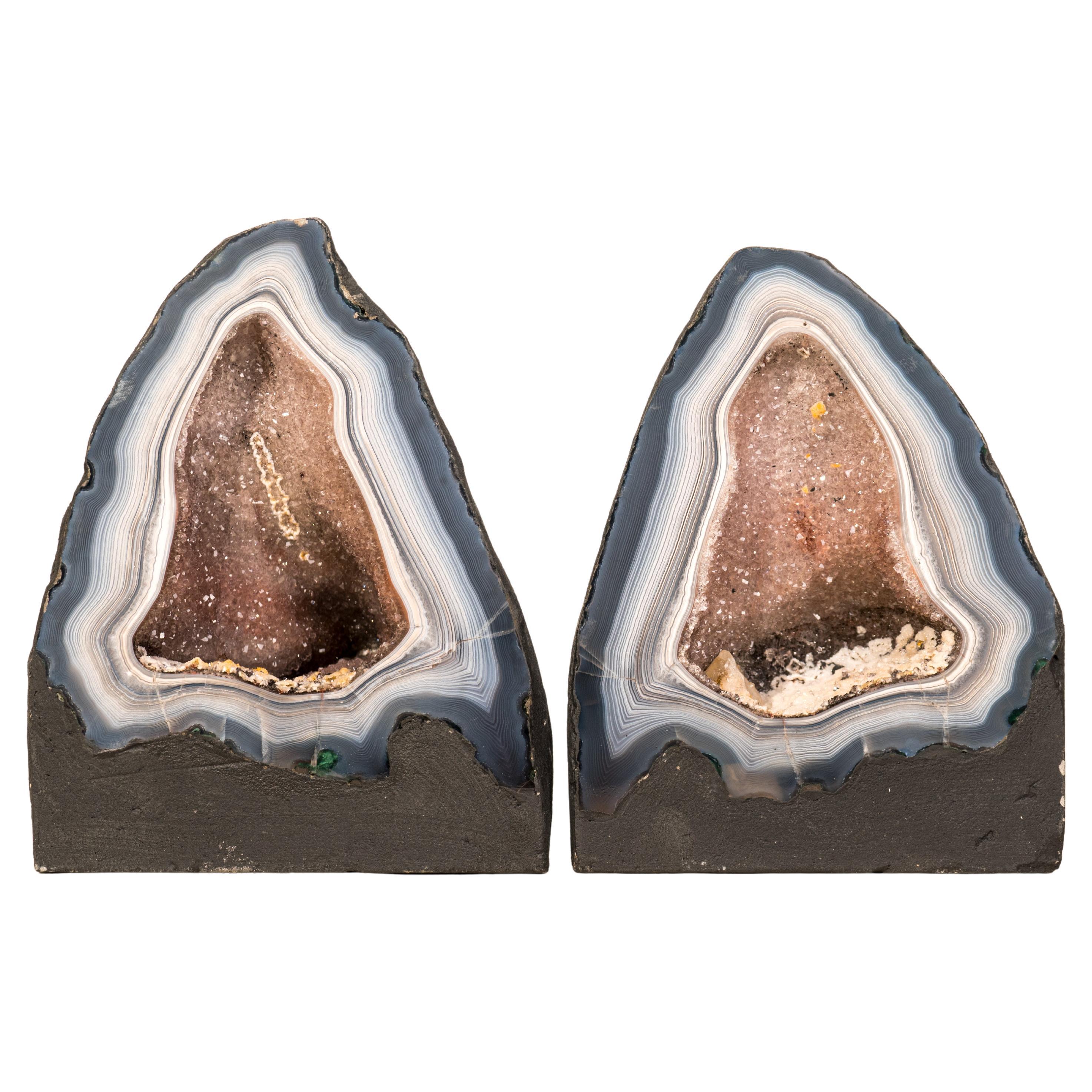 Pair of Rare Blue & White Lace Agate Geodes with Delicate Striped Pattern