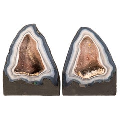 Pair of Rare Blue & White Lace Agate Geodes with Delicate Striped Pattern