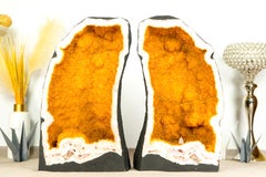 Pareja de Geodas de Citrino Raras de Libro con Drusa Galaxia Amarillo Dorado Brillante