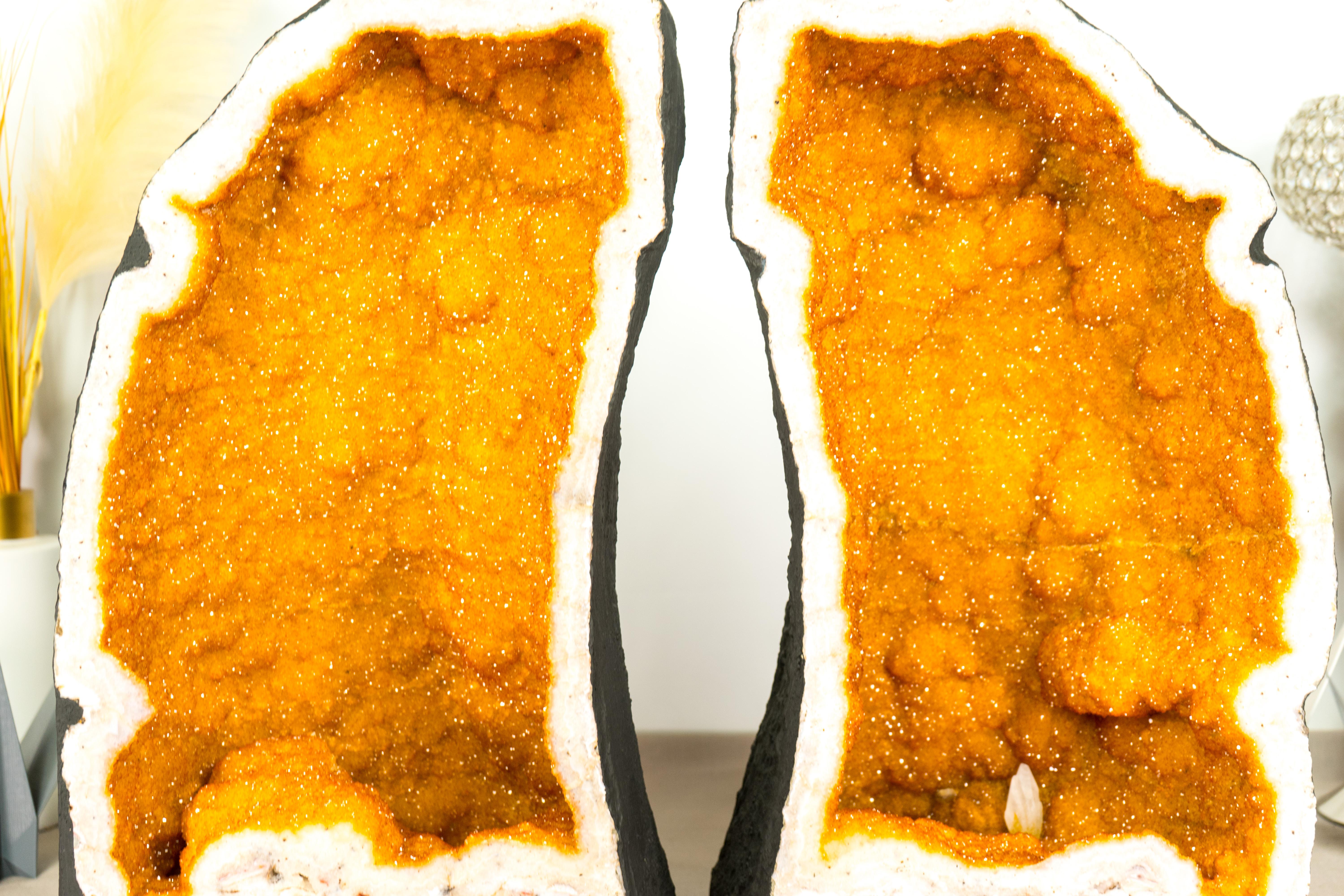 Brazilian Pair of Rare Book-matching Citrine Geodes with Shiny Golden Yellow Galaxy Druzy For Sale