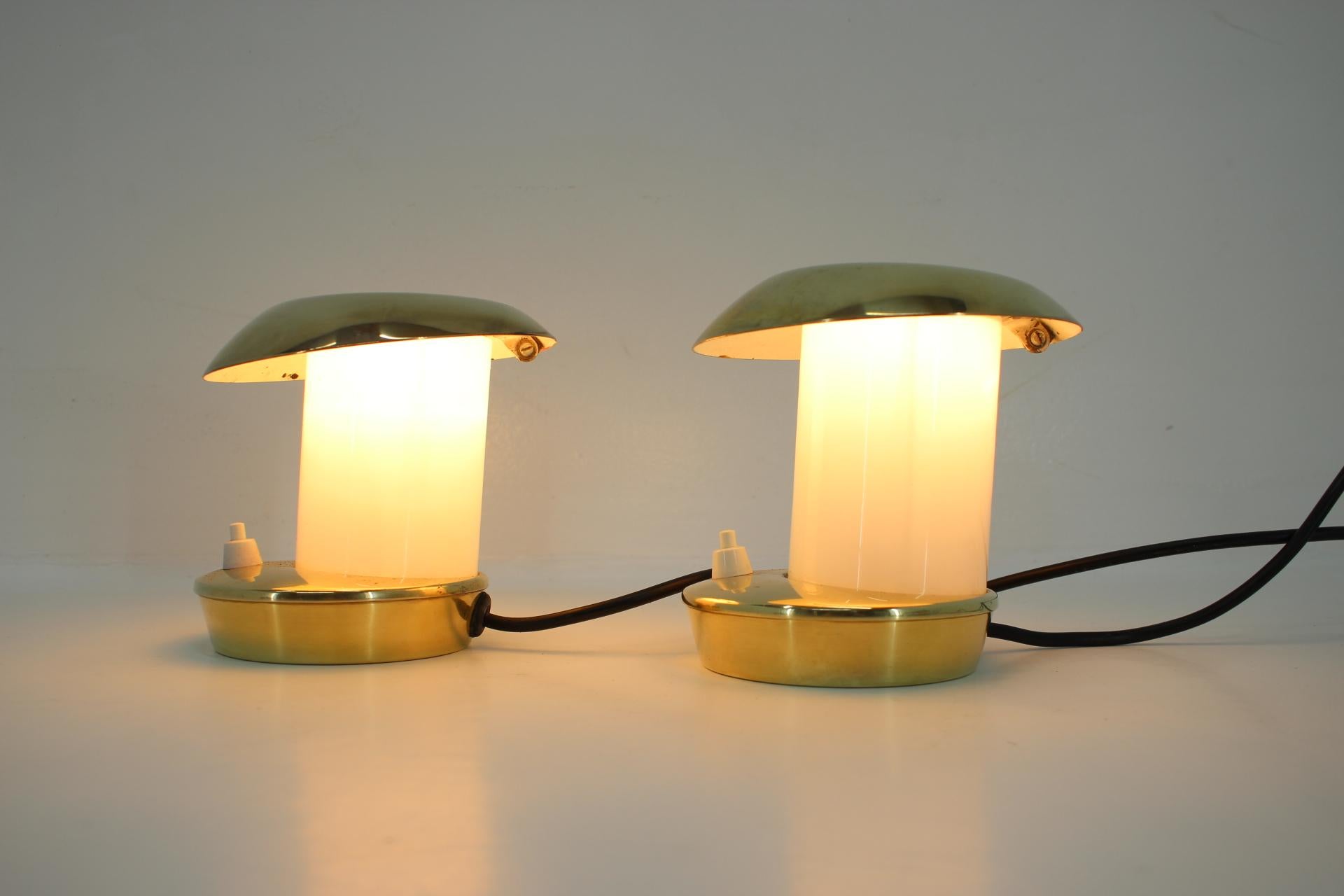 Czech Pair of Rare Brass Glass Bauhaus Table Lamps, 1930s For Sale