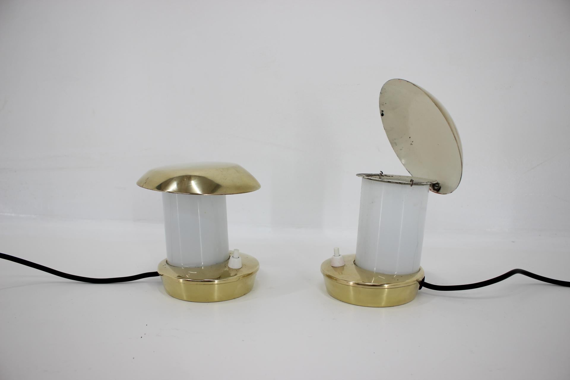 Mid-20th Century Pair of Rare Brass Glass Bauhaus Table Lamps, 1930s For Sale
