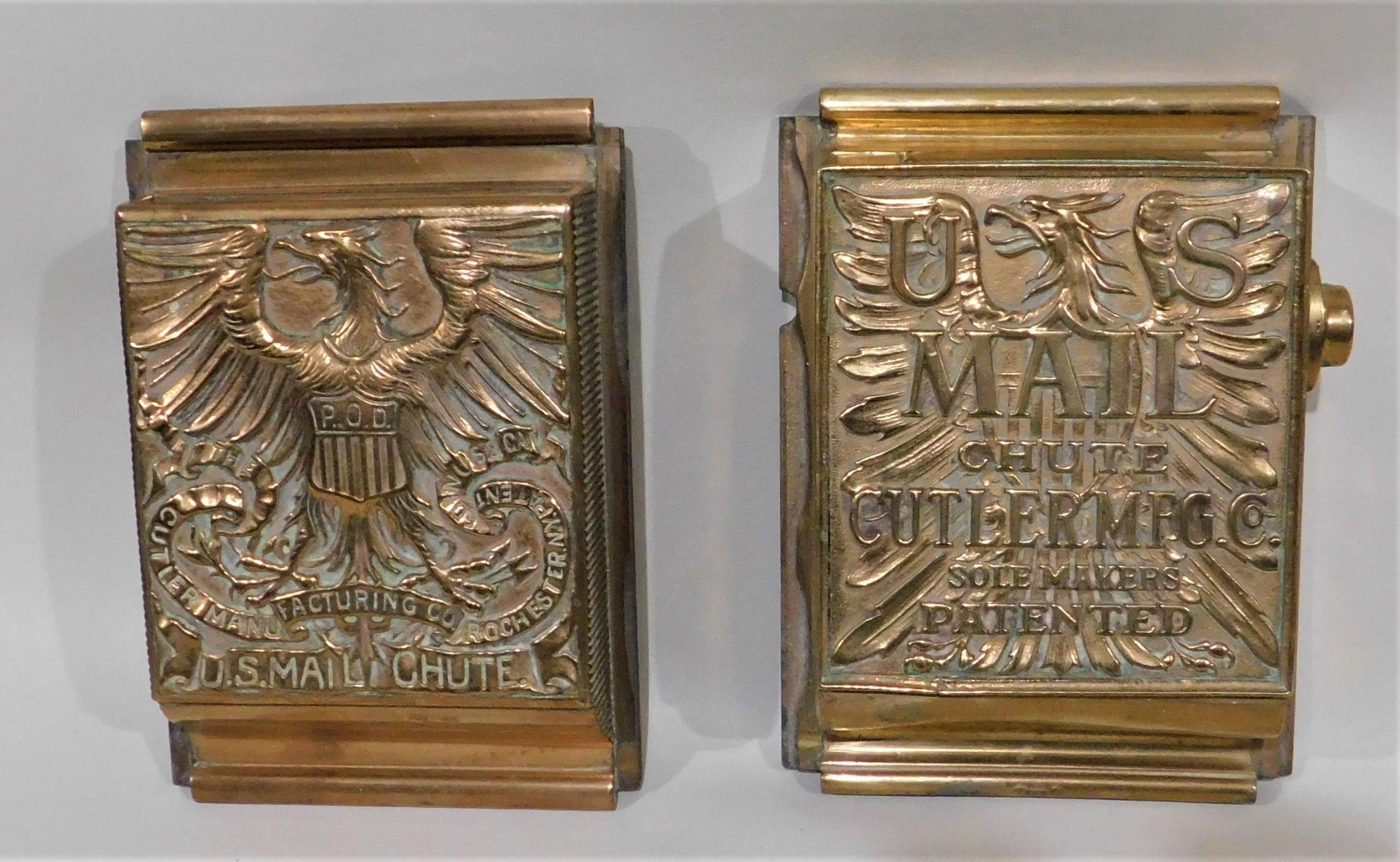 Metal Pair of Rare Brass United States Mail Postal Chutes and Door Pulls, circa 1890