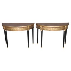 Coppia di rari tavoli da console Demilune a chiave greca montati su bronzo e ebanizzati