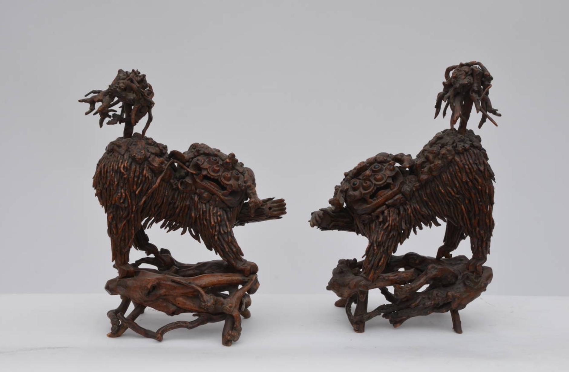 Pair of Rare Chinese Carved Wood Foo Dogs For Sale 1