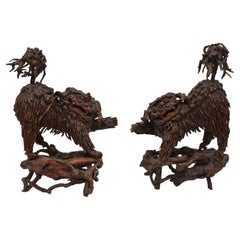 Pair of Rare Chinese Carved Wood Foo Dogs