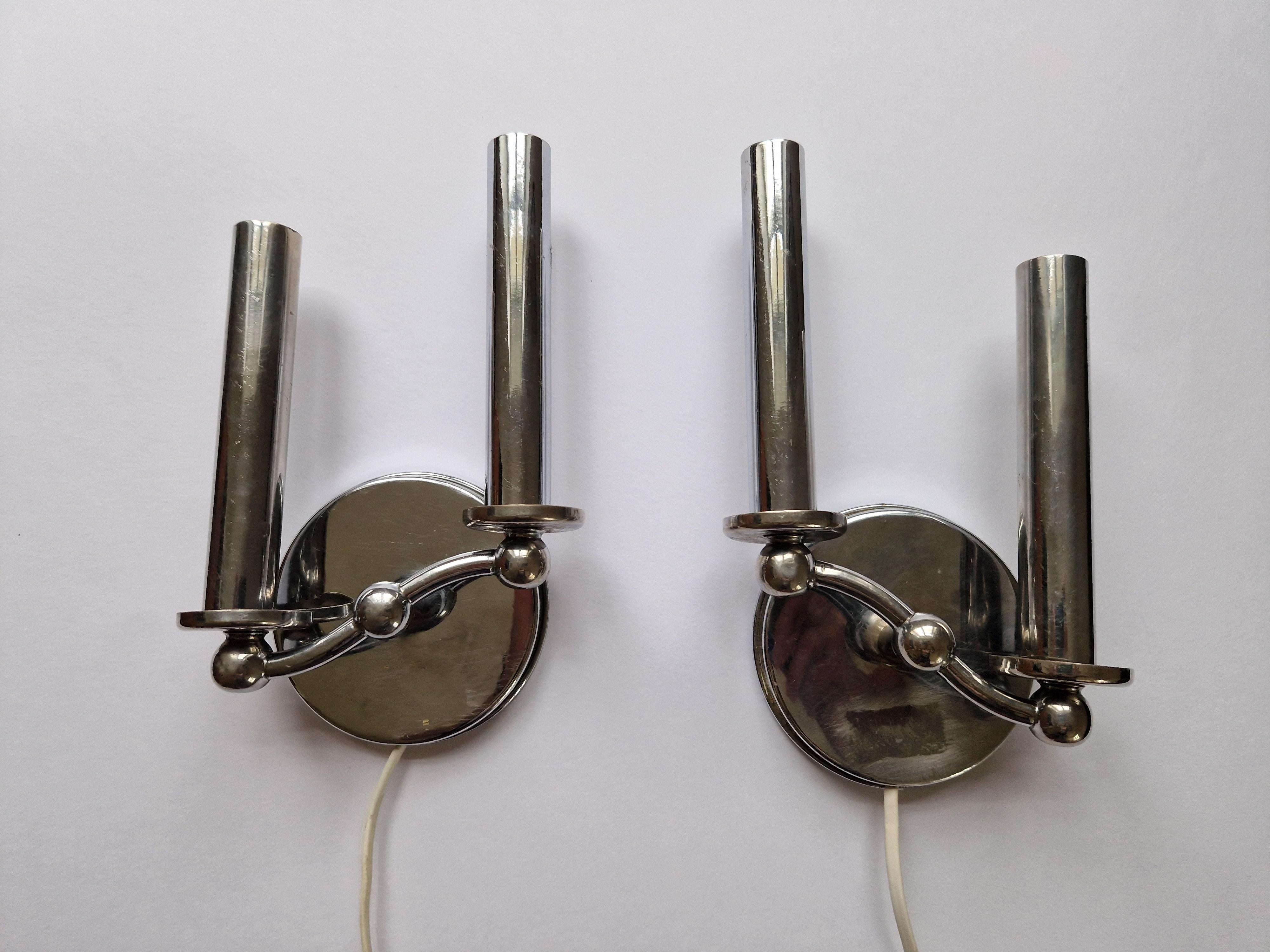 Pair of Rare Chrome Art Deco / Functionalism Wall Lamps, 1930s In Good Condition For Sale In Praha, CZ