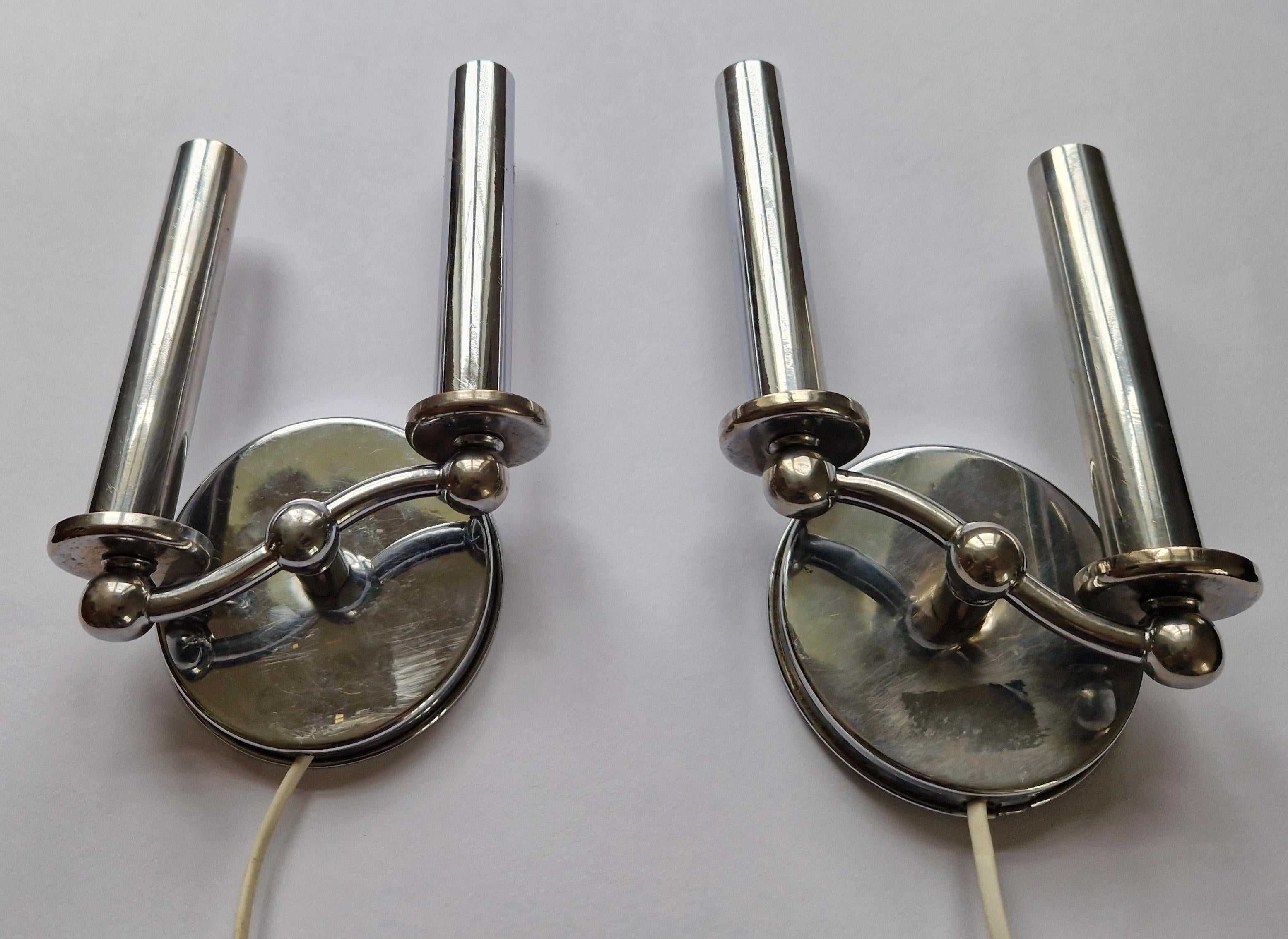 Mid-20th Century Pair of Rare Chrome Art Deco / Functionalism Wall Lamps, 1930s For Sale