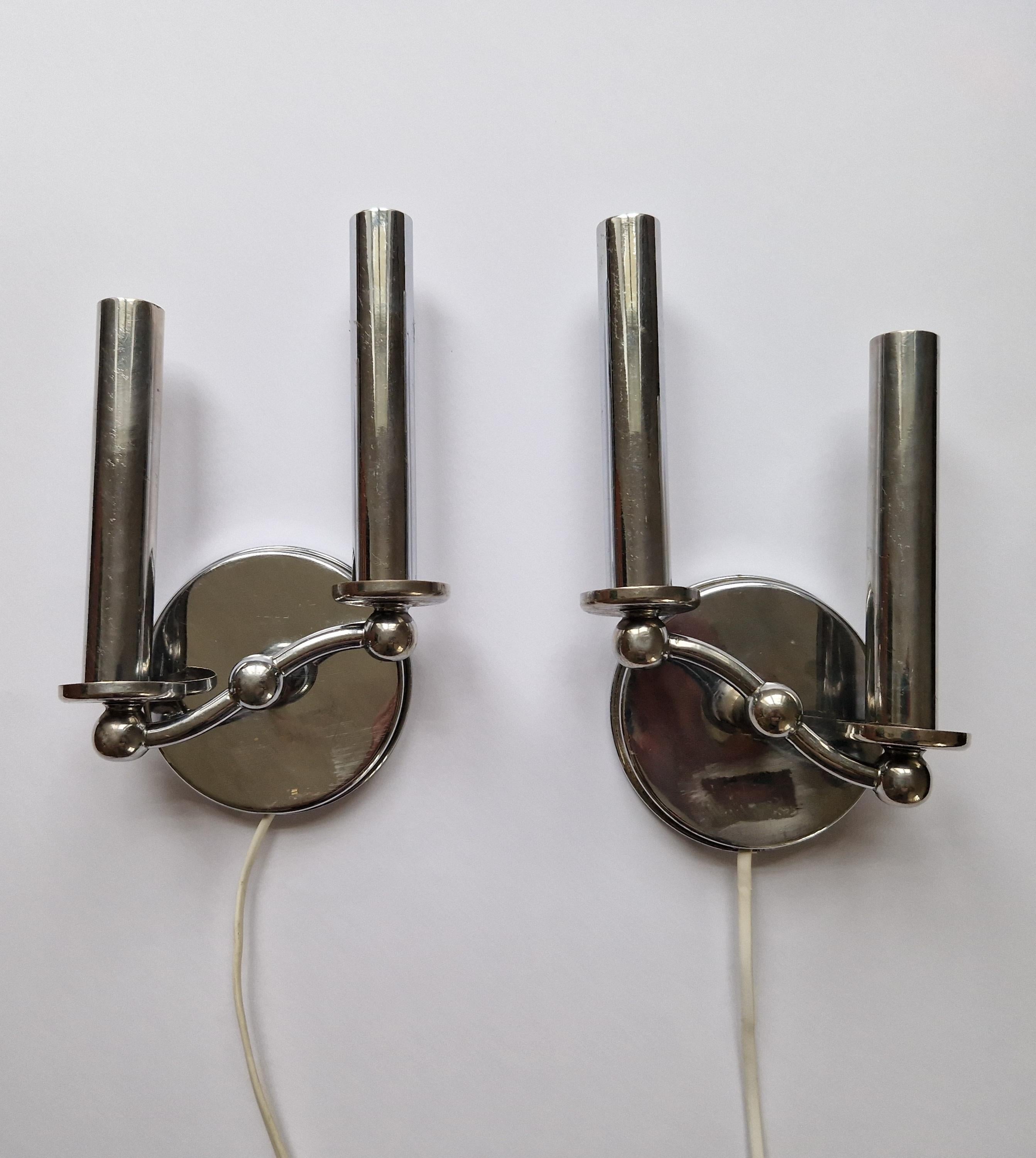 Pair of Rare Chrome Art Deco / Functionalism Wall Lamps, 1930s For Sale 1