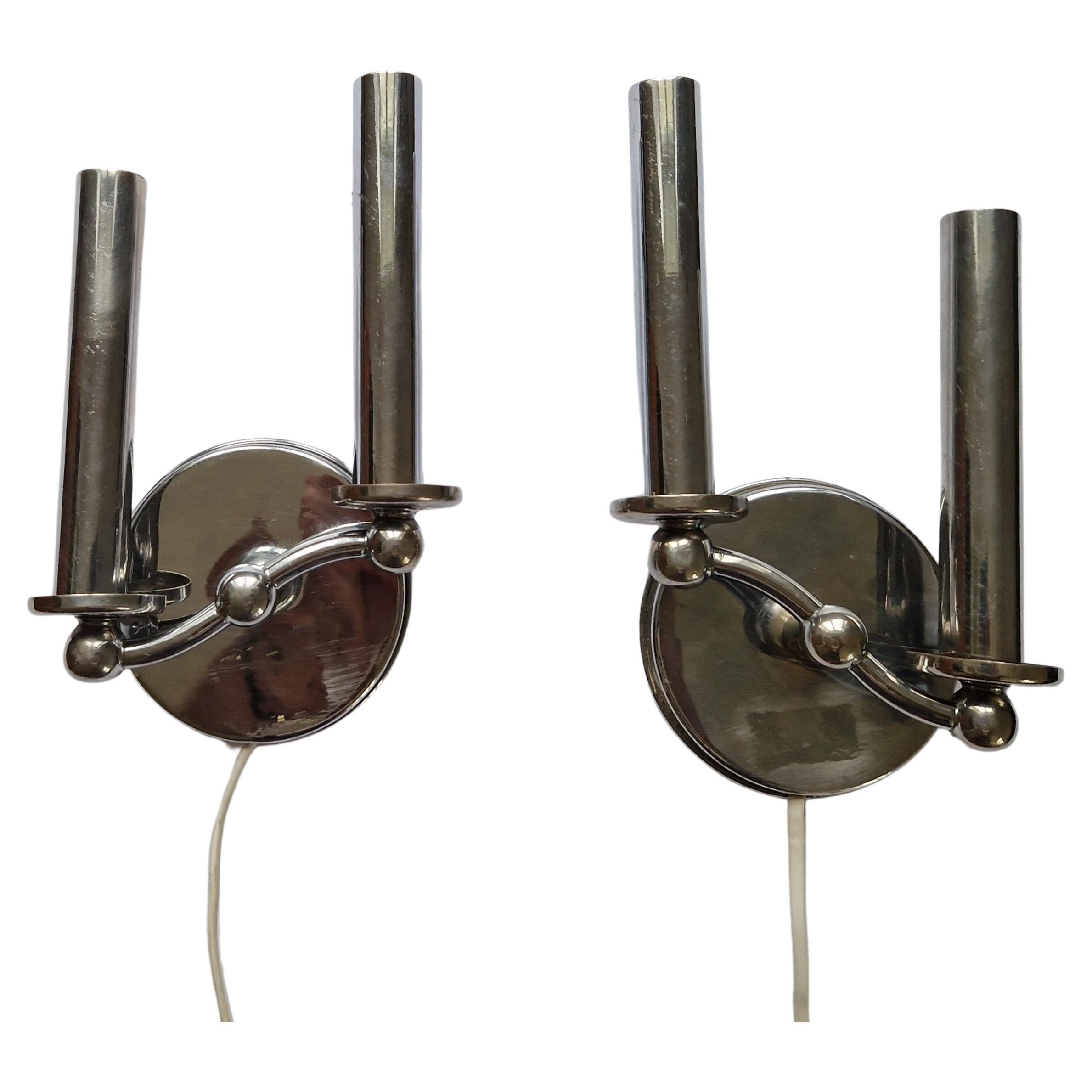 Pair of Rare Chrome Art Deco / Functionalism Wall Lamps, 1930s