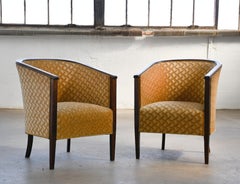 Pair of Rare Danish 1950's Barrel Style Chairs with Stained Oak Armrests
