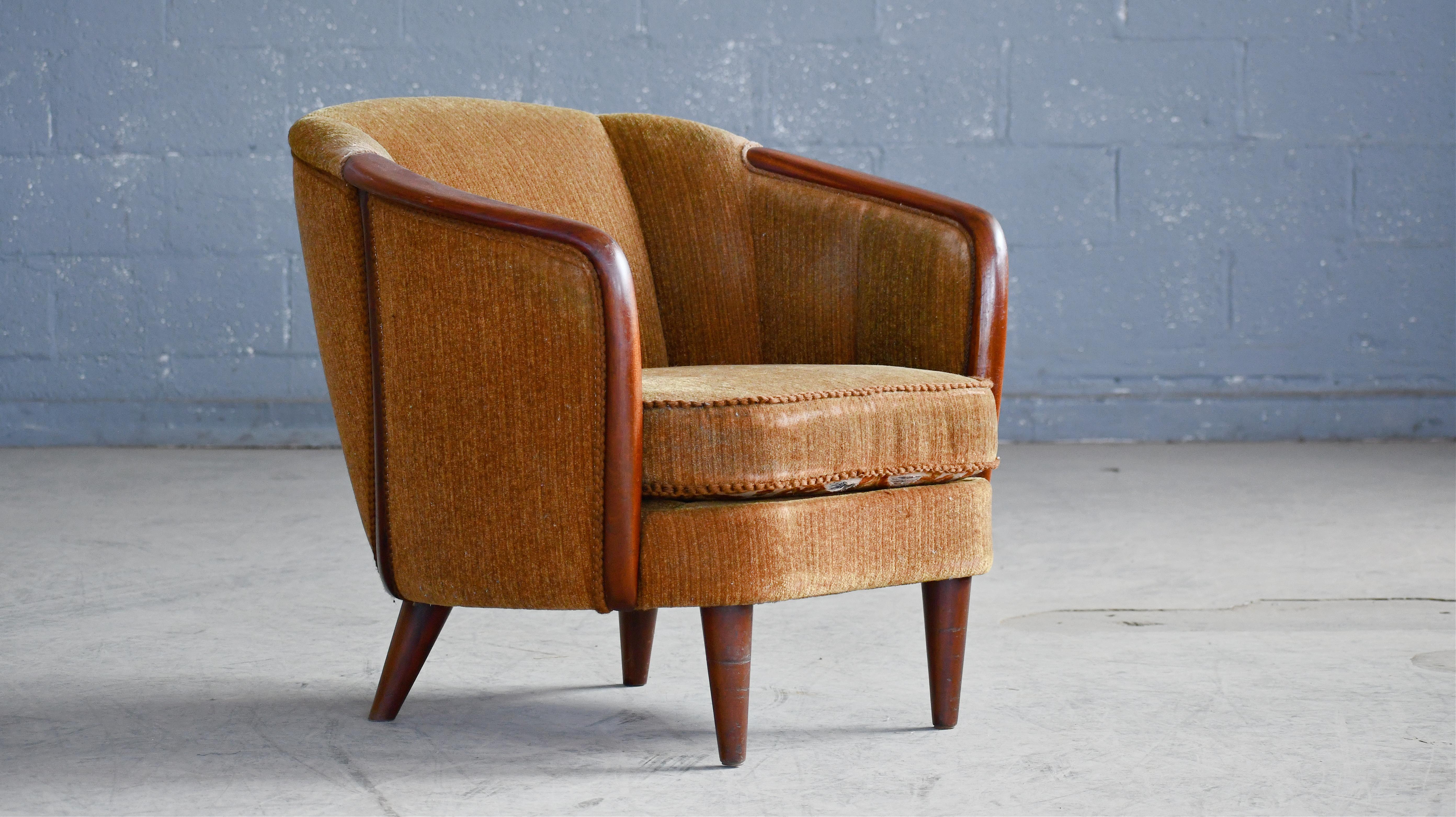 Mid-20th Century Pair of Rare Danish 1950's Barrel Style Chairs with Teak Armrests For Sale