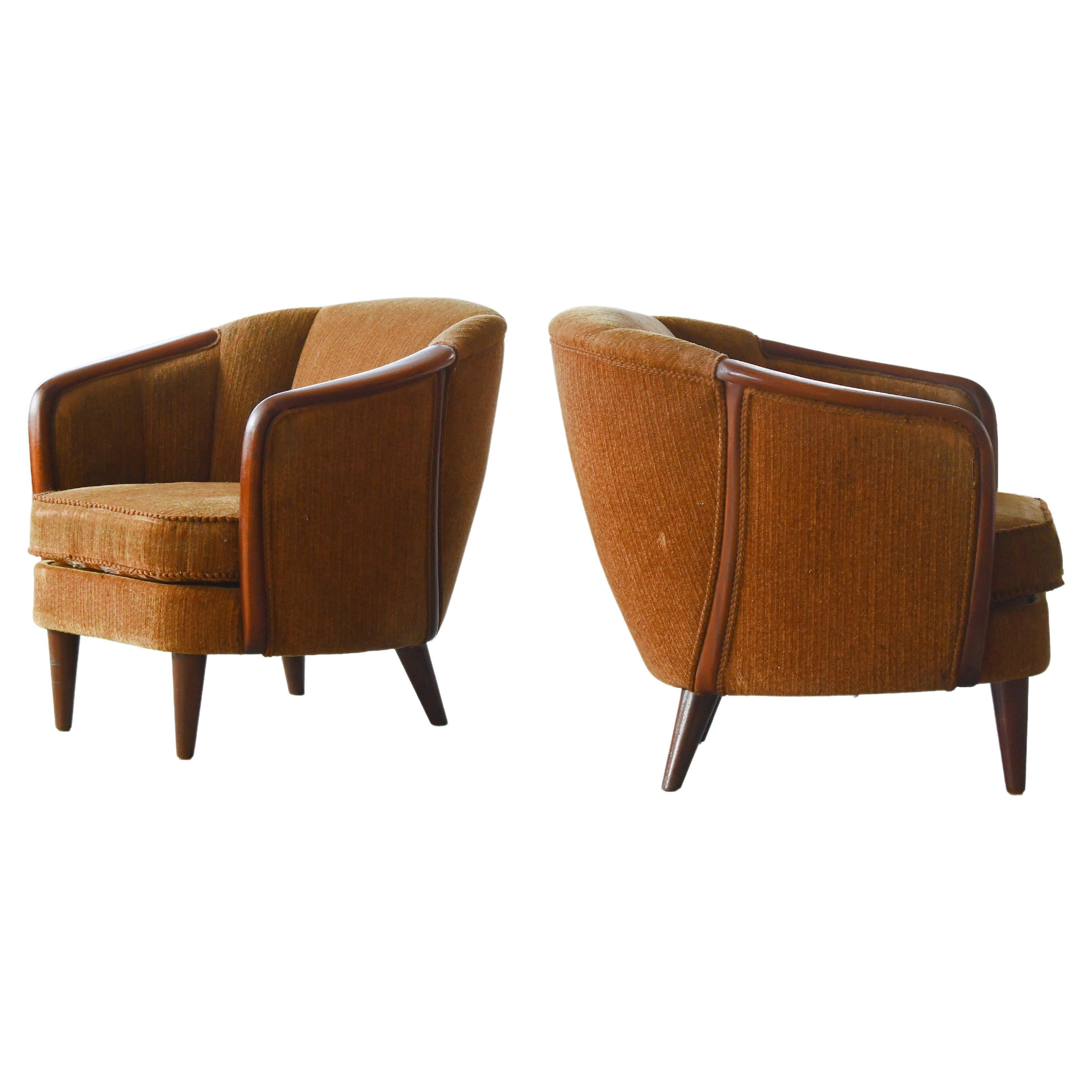 Pair of Rare Danish 1950's Barrel Style Chairs with Teak Armrests