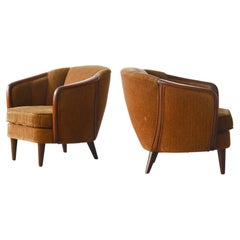 Retro Pair of Rare Danish 1950's Barrel Style Chairs with Teak Armrests
