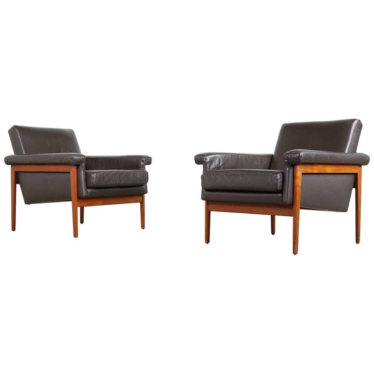 Pair Of Rare Danish 1960s Teak And Dark Brown Leather Lounge Chairs Pair Of Rare Danish 1960s Teak And Dark Brown Leather Lounge Chairs Armchairs For