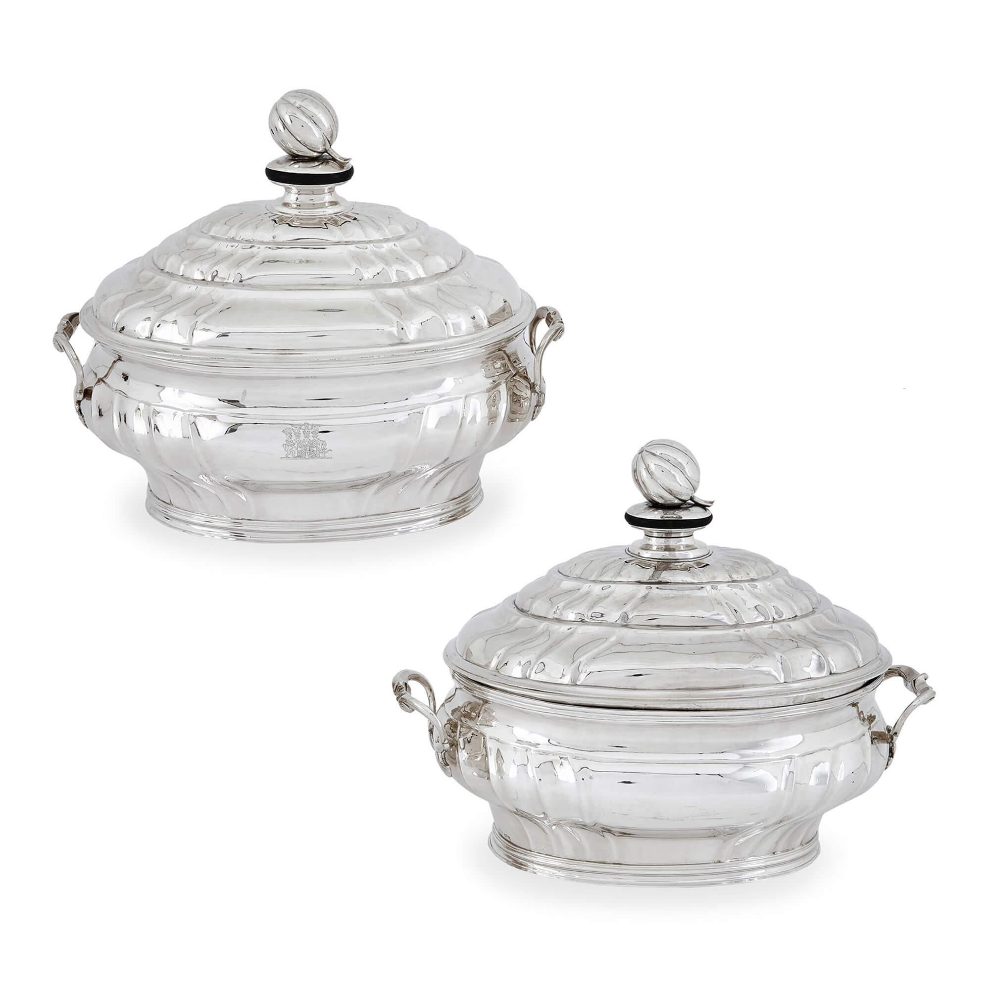 Pair of rare Danish eighteenth-century silver soup tureens with trays
Danish, 1750
Tureens: height 27cm, width 33cm, depth 20cm
Trays: height 6cm, width 45cm, depth 28cm

The superb tureens in this pair were crafted in Denmark during the