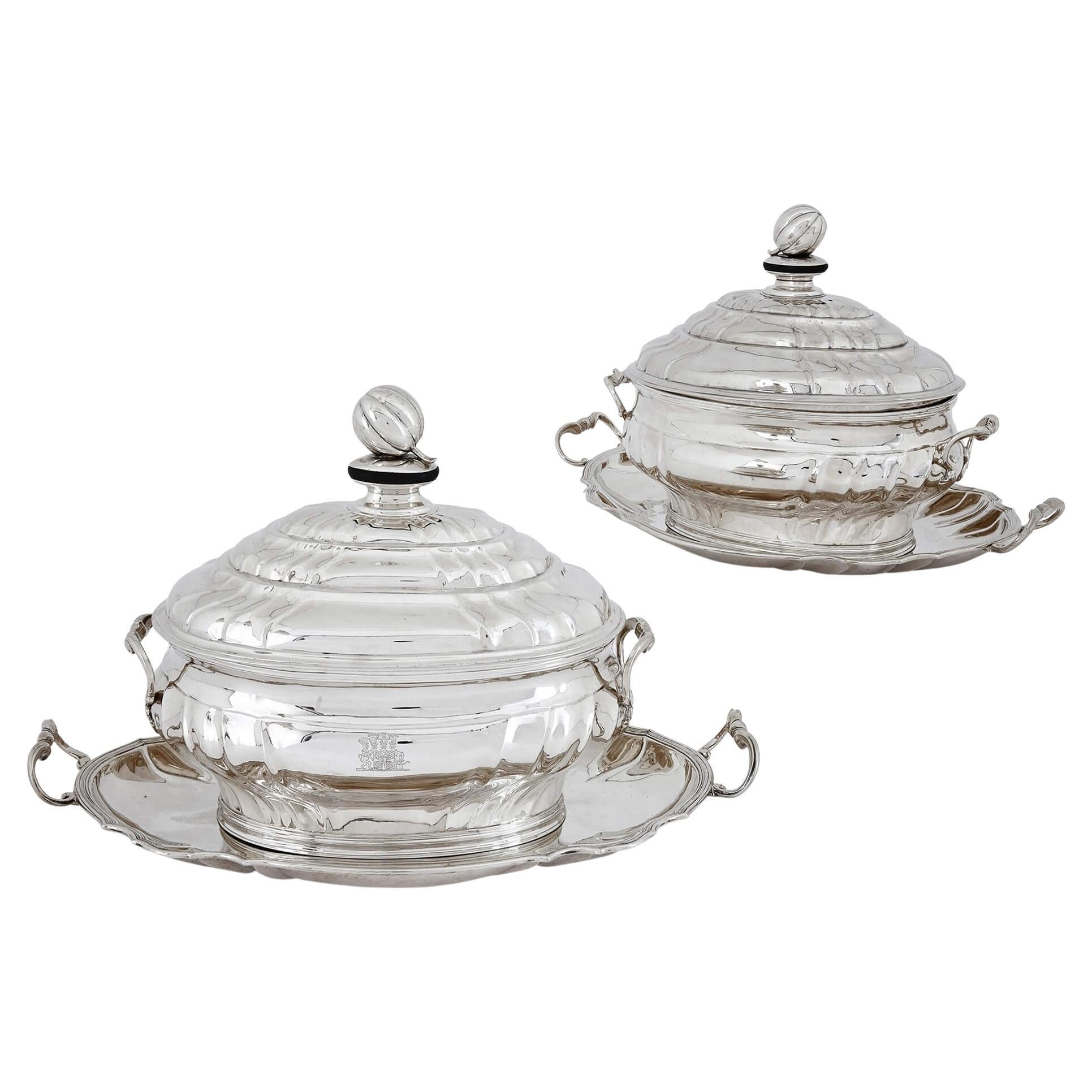 Pair of Rare Danish Eighteenth-Century Silver Soup Tureens with Trays For Sale