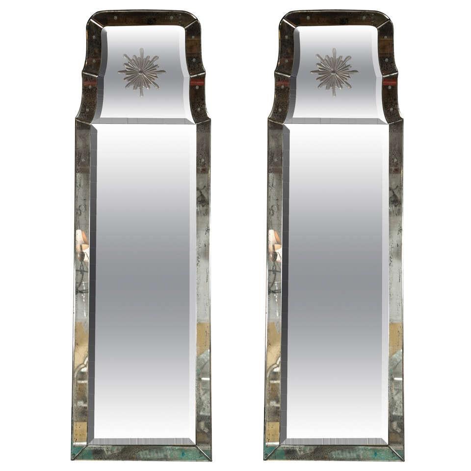 Pair of Rare Decorative Etched "Charleston" Oblong Beveled Glass Mirrors