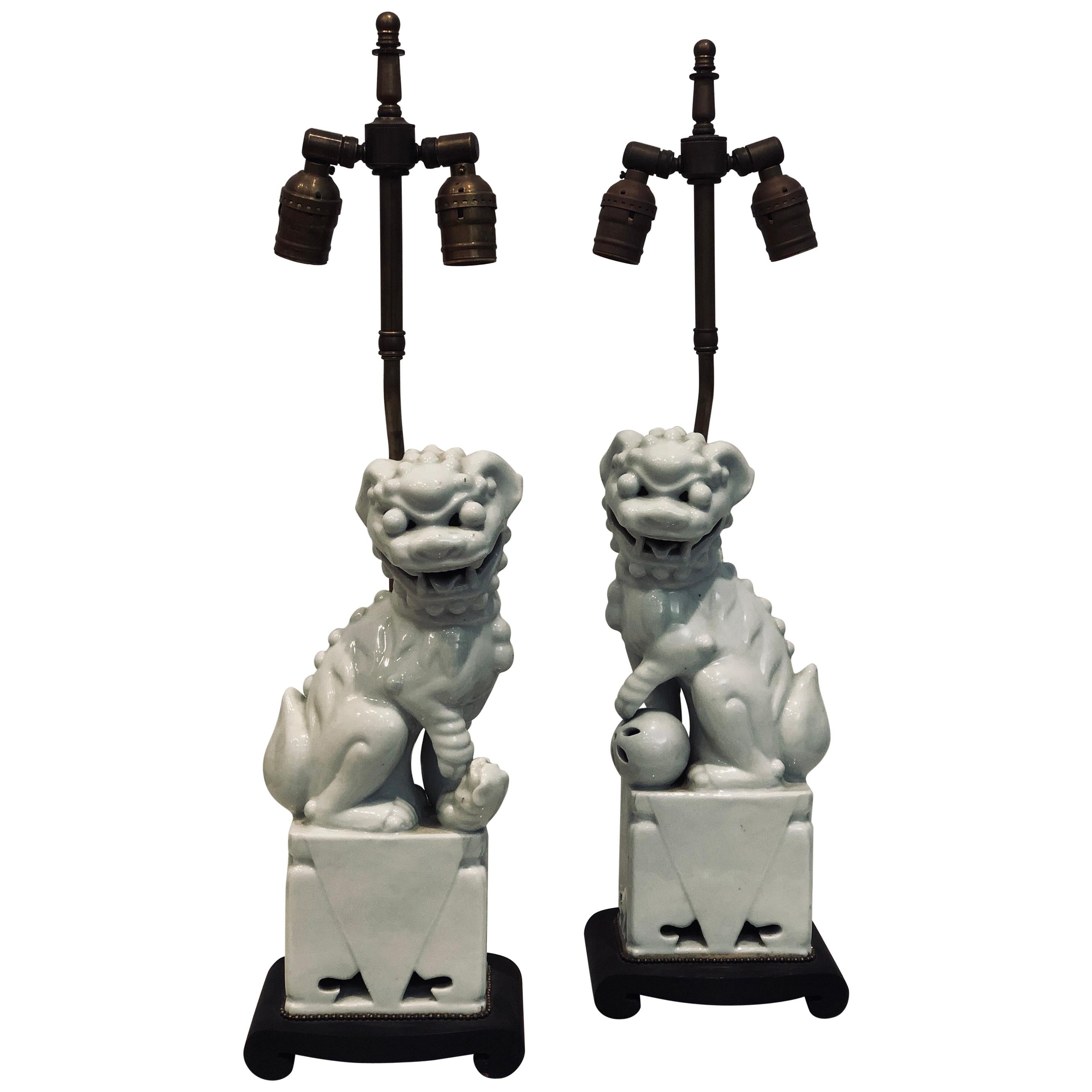 Pair of Rare Decorative Porcelain Foo Dogs Table Lamps