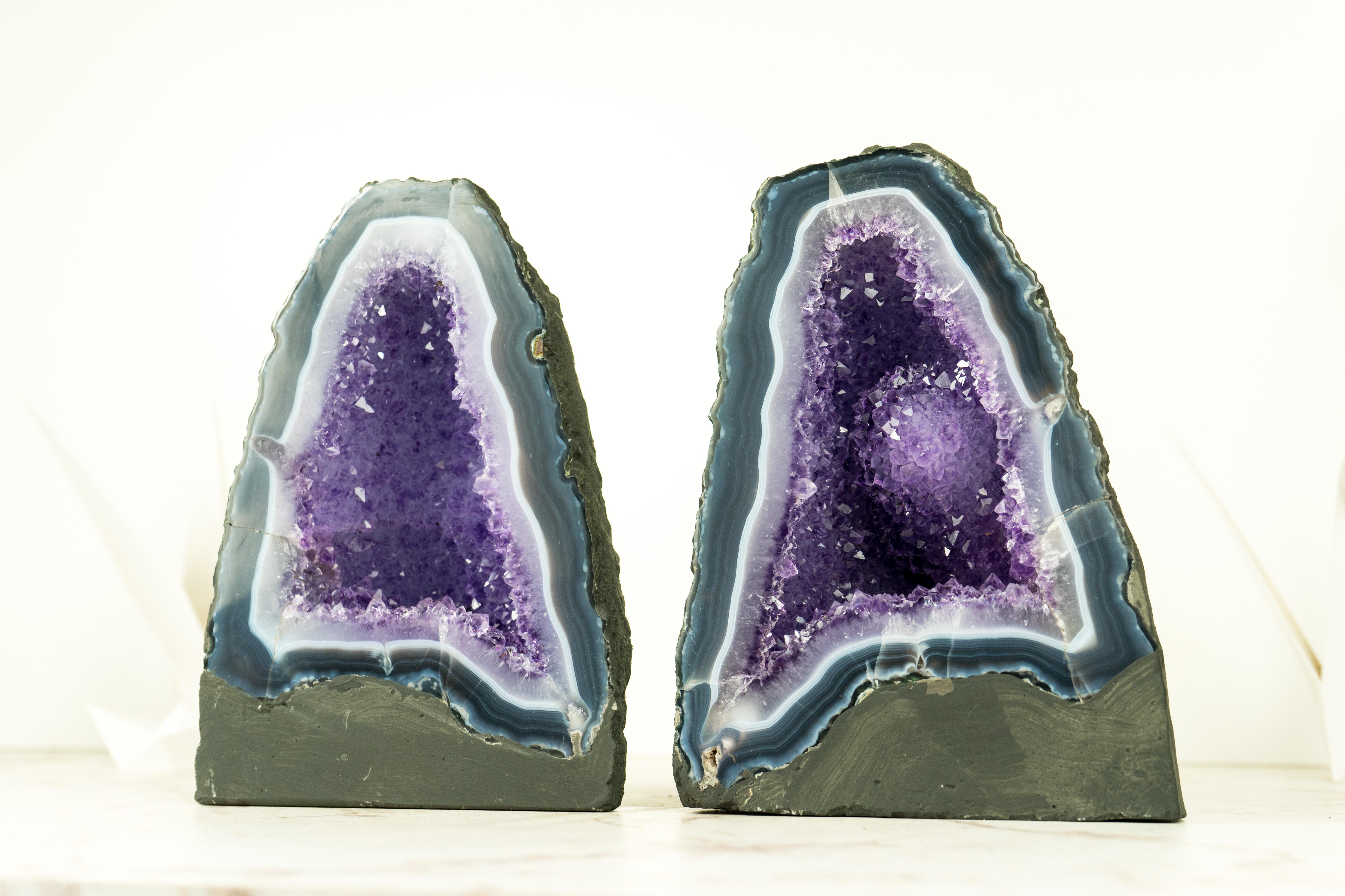 Pair of Rare Deep Purple Amethyst with White and Blue Banded Agate Geodes For Sale 9