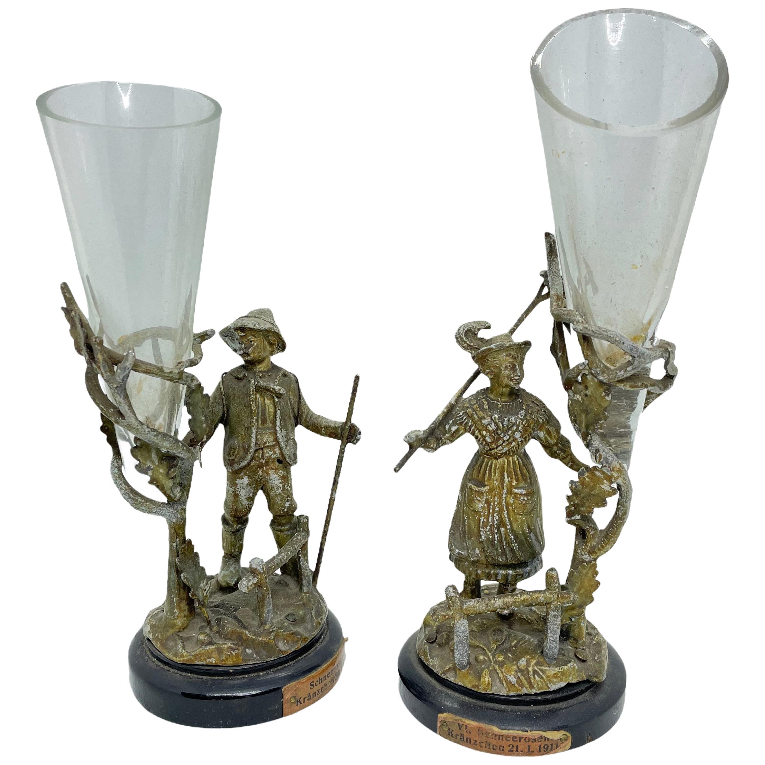 Pair of Rare Early 20th Century Austrian Vienna Bronze Figure Vases, Antique
