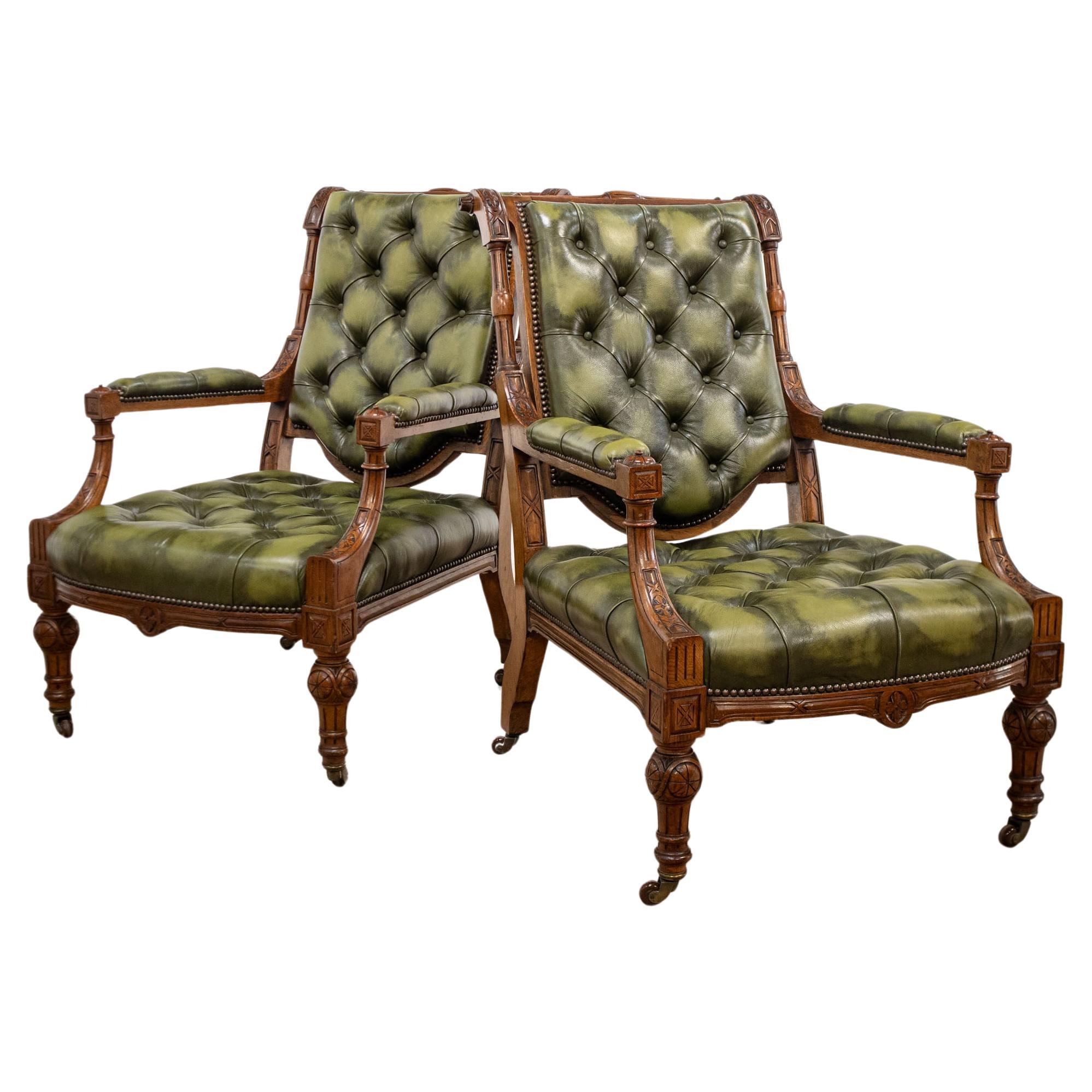 Pair of Rare Early Victorian Oak Library Chairs For Sale