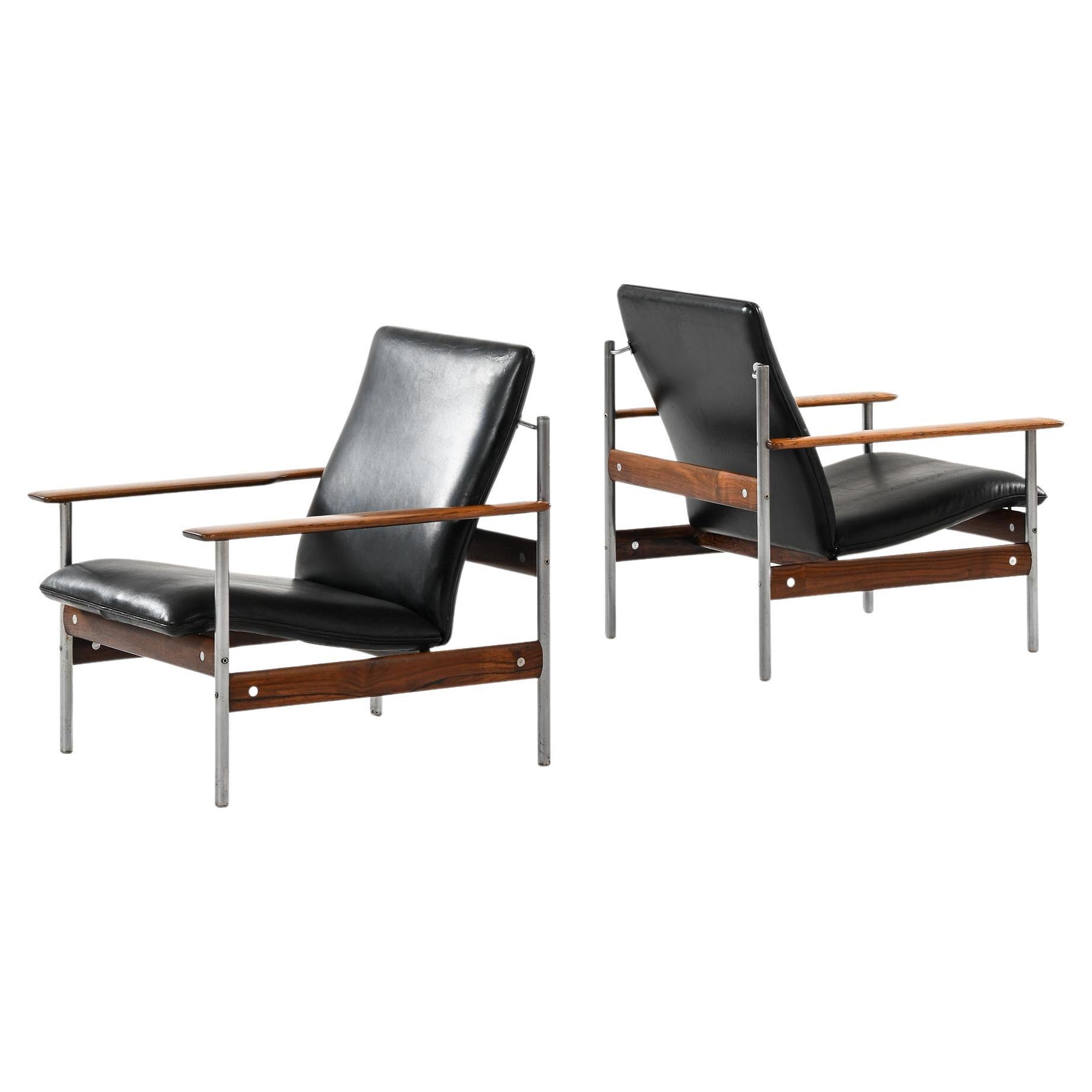 Pair of Rare Easy Chairs with Black Leather Seat by Sven Ivar Dysthe, 1960s
