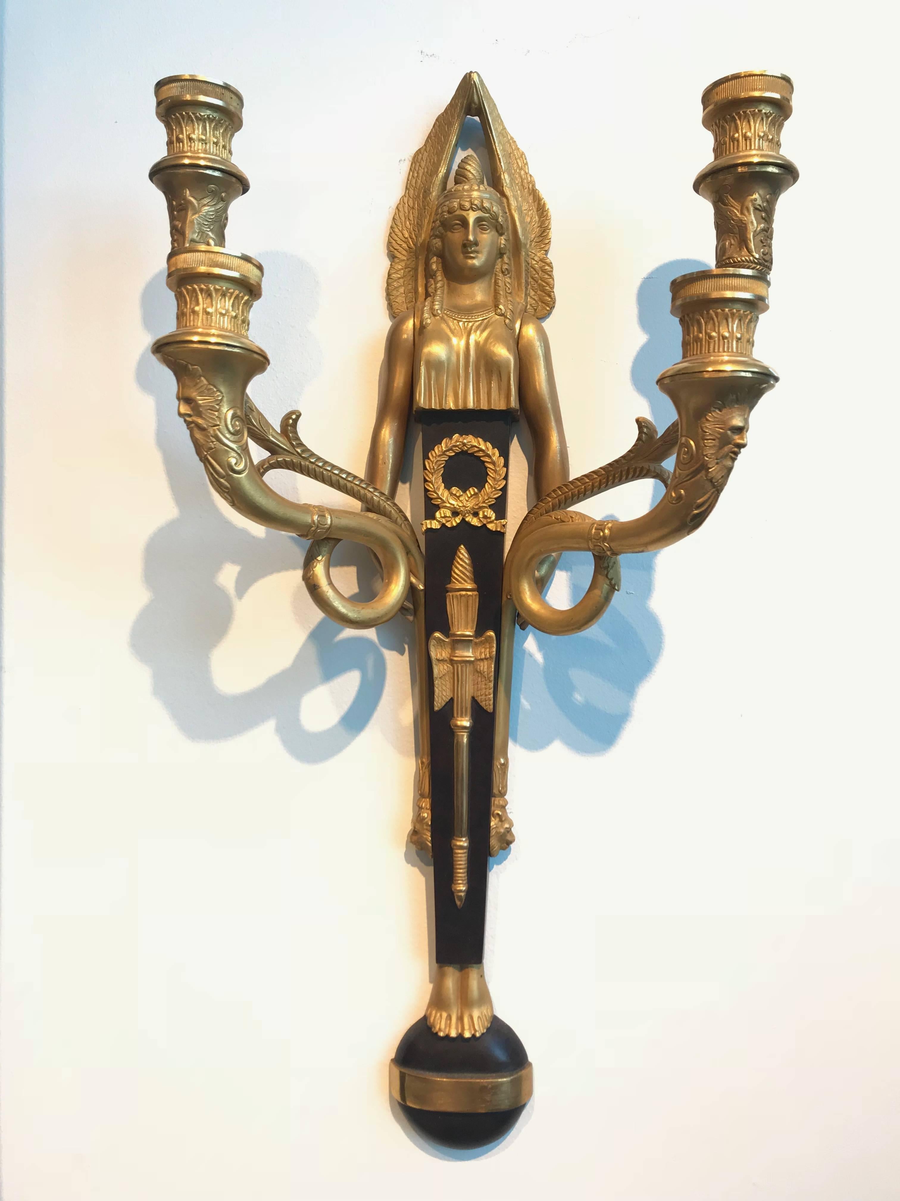 French Pair of Rare Egyptian Revival Sconces For Sale