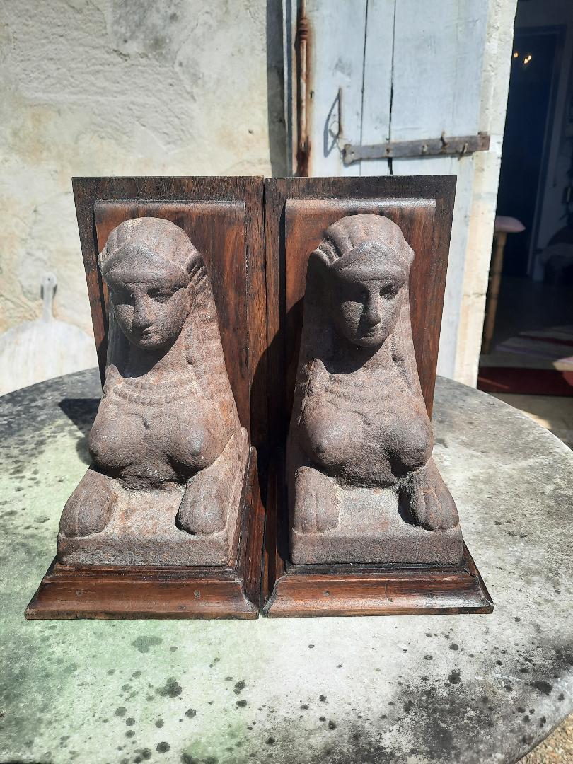 This beautiful and very rare pair of Empire style Doorstops or bookends C1820 are repurposed in our own workshop from all original antique materials. 
the Busts were originally French Cast Iron Andirons and the wood recycled from antique furniture