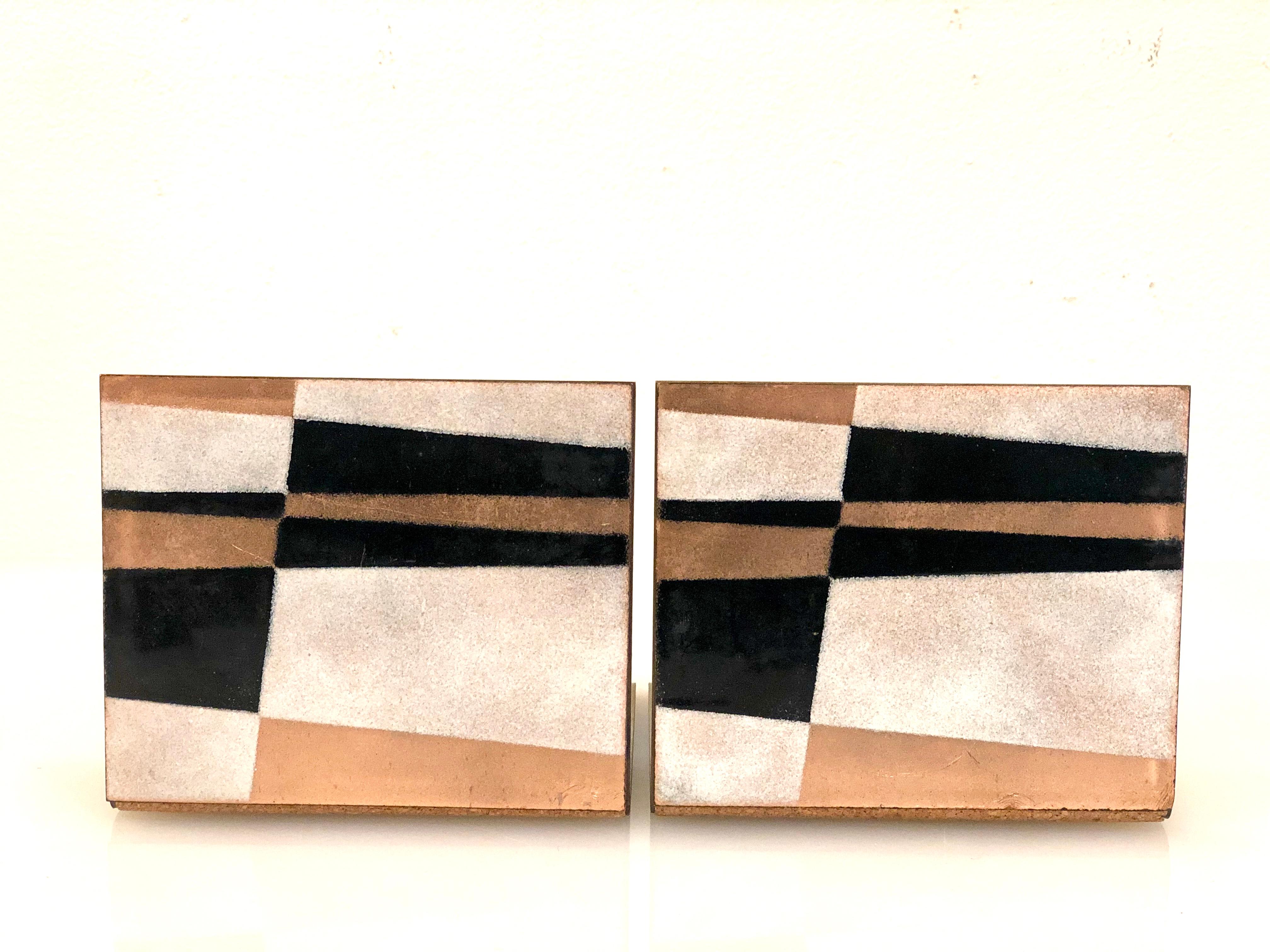 Mid-Century Modern Pair of Rare Enamel on Copper Bookends by Robert Wuersch Geometric Design