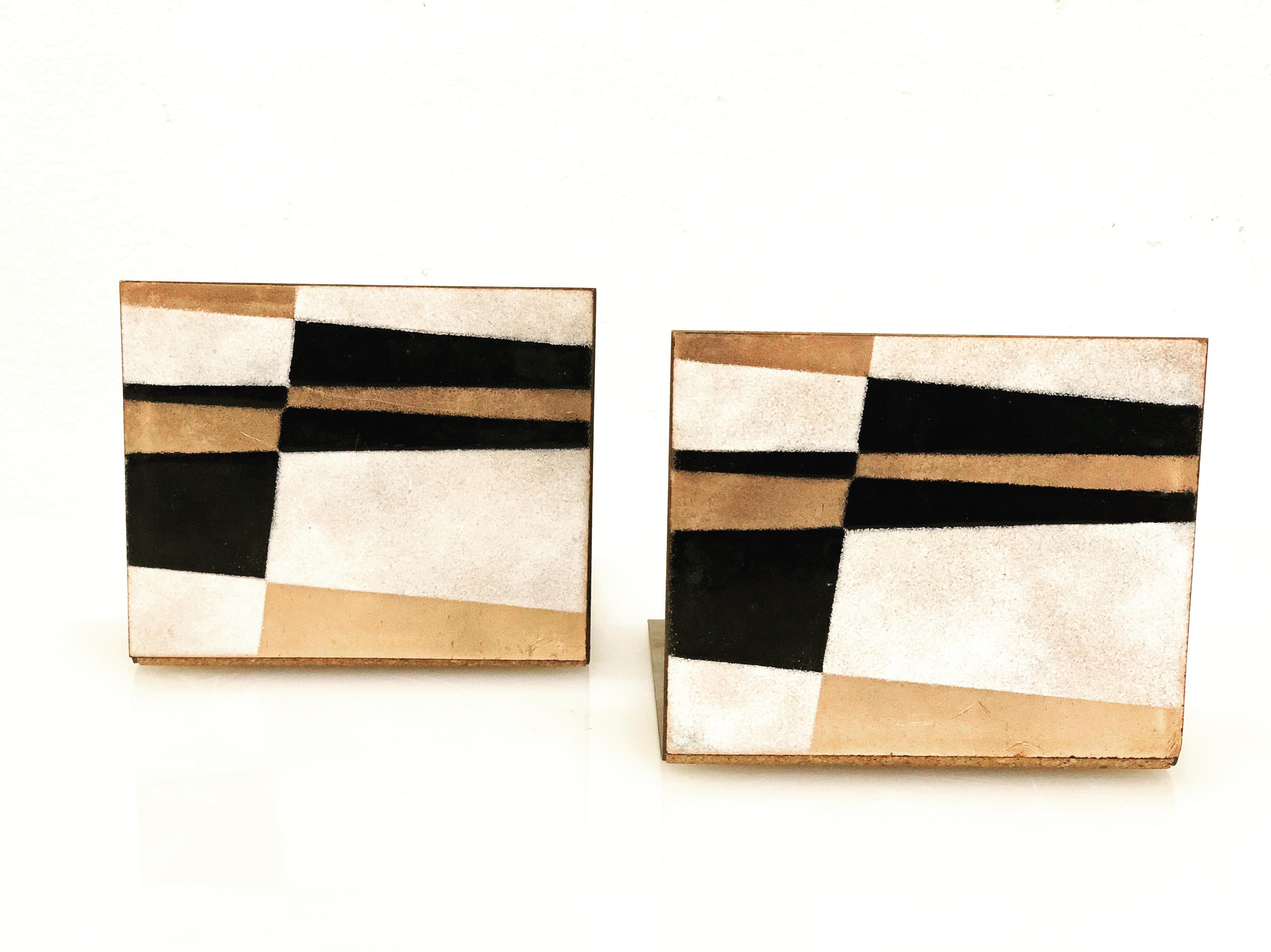 American Pair of Rare Enamel on Copper Bookends by Robert Wuersch Geometric Design