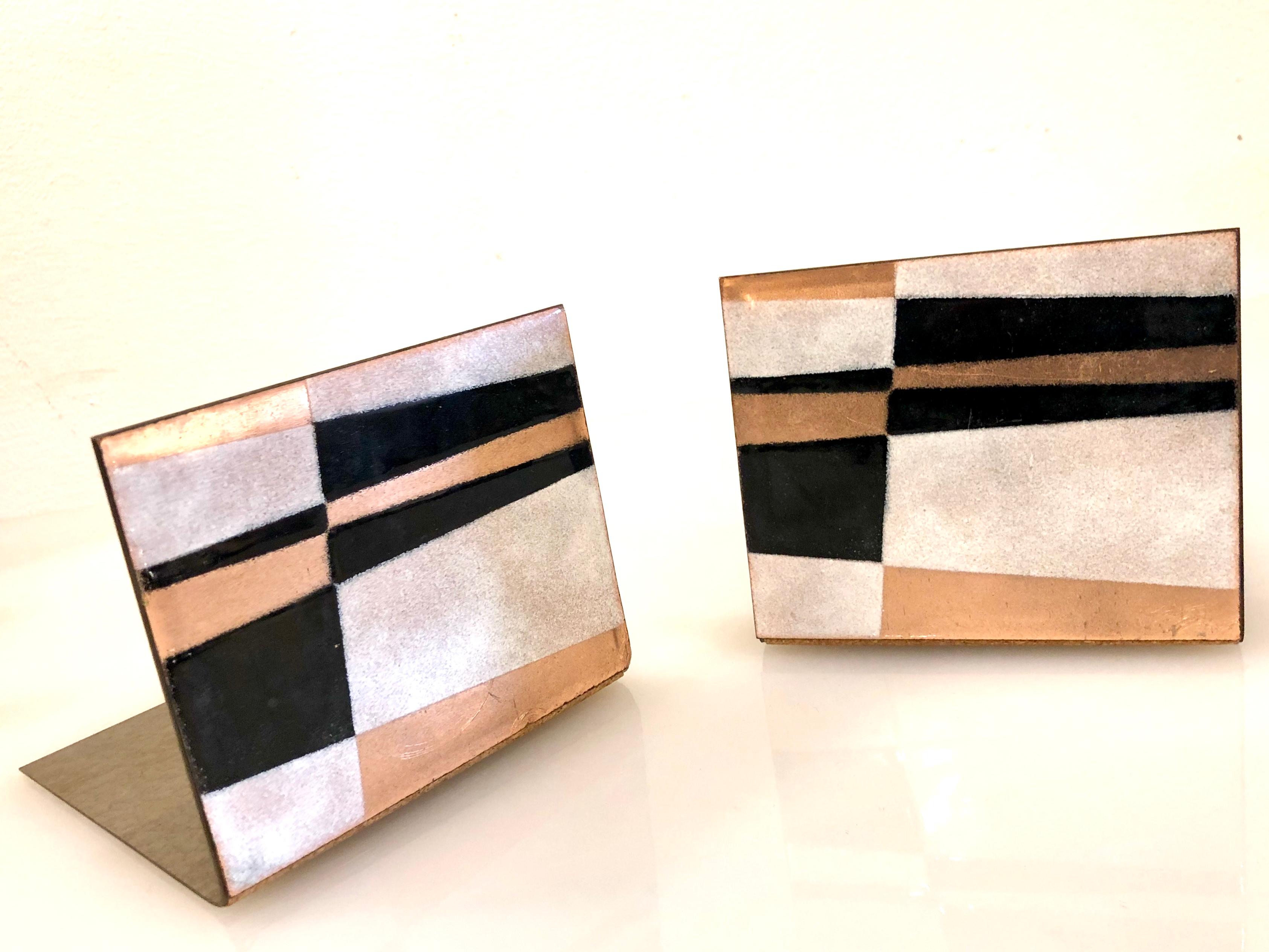 Pair of Rare Enamel on Copper Bookends by Robert Wuersch Geometric Design In Good Condition In San Diego, CA