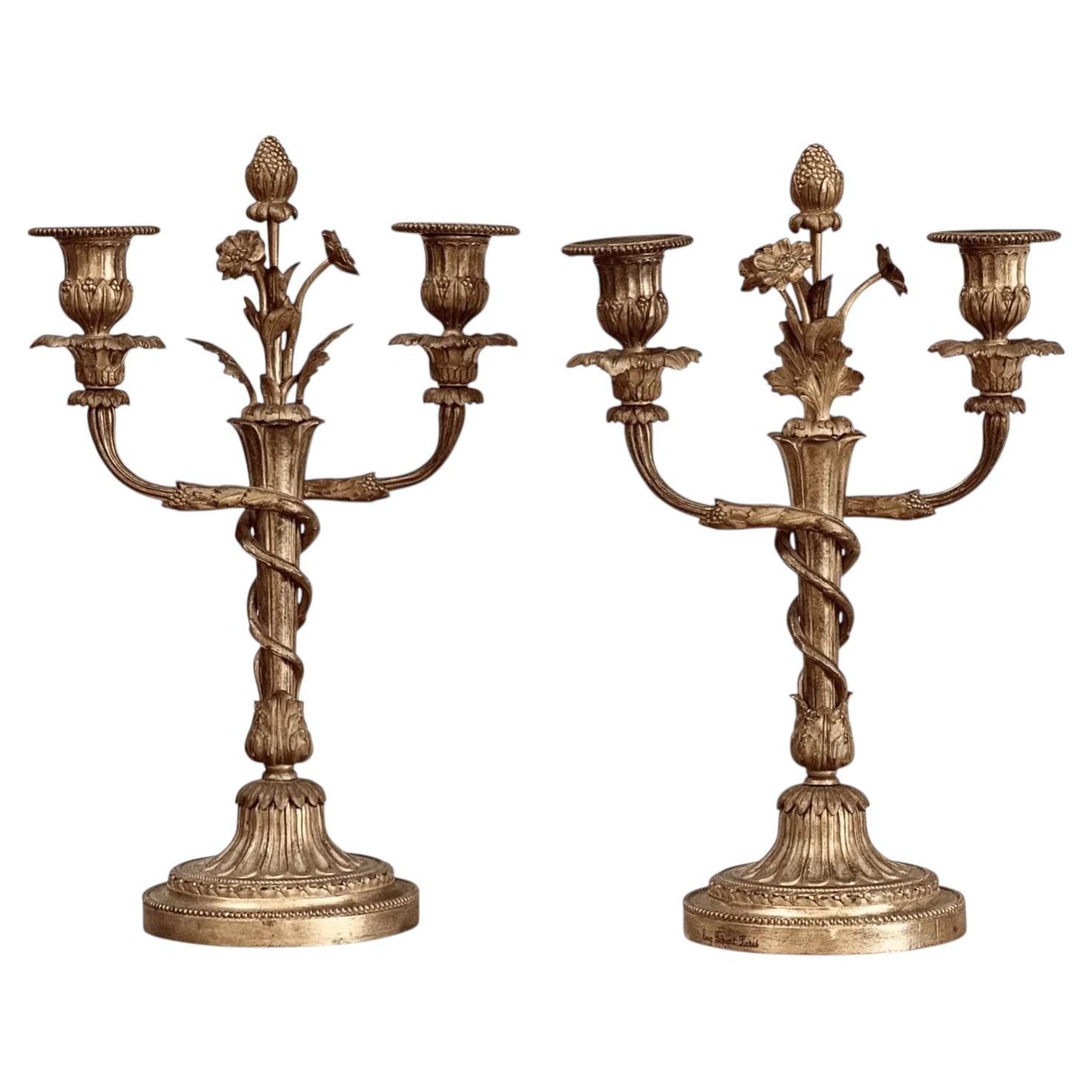 Pair of Rare Eugène Bazart Louis XVI Gilt Bronze Two-Light Candelabra For Sale