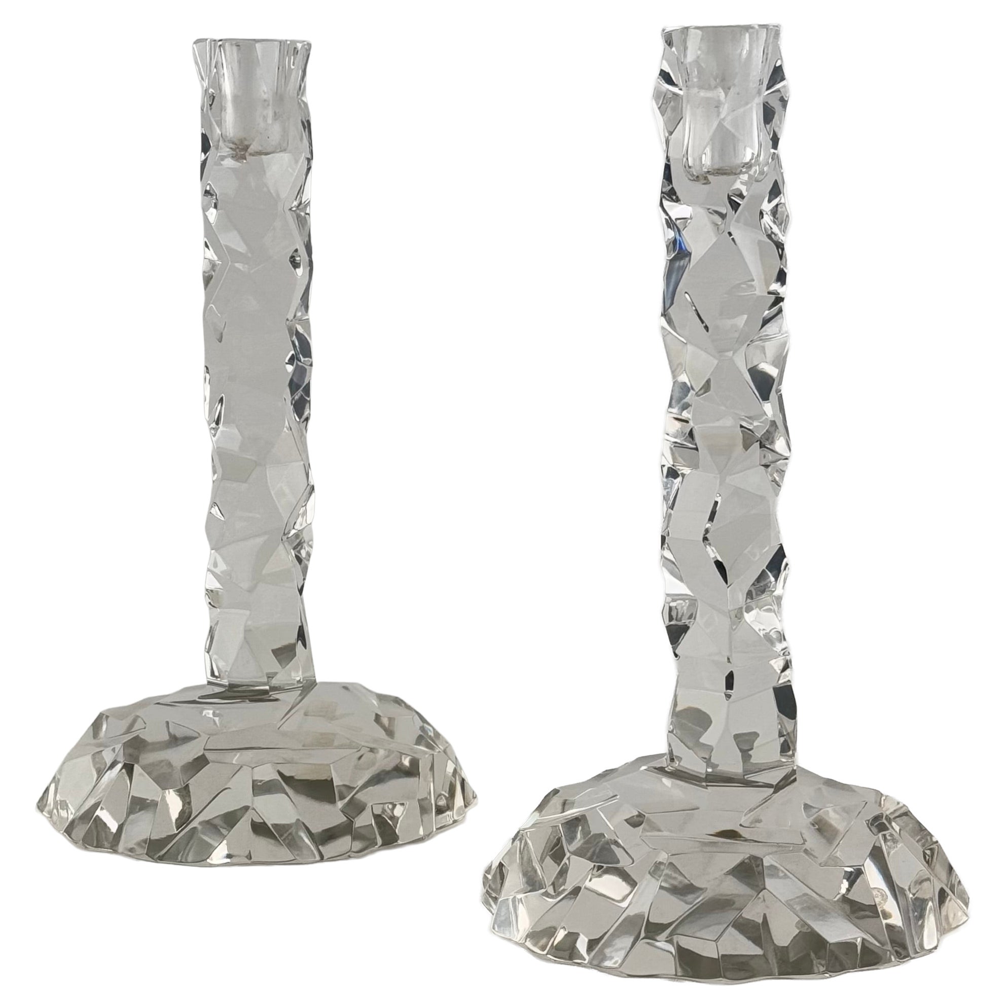 Pair of Rare Faceted Crystal Glass Candlesticks by Archimede Seguso, Murano, 50s