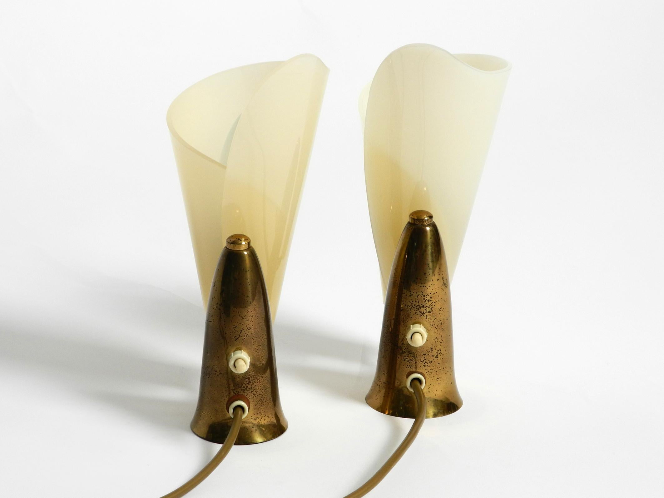 Mid-Century Modern Pair of Rare Fancy Italian Midcentury Brass Table Lamps with Plexiglass Shades
