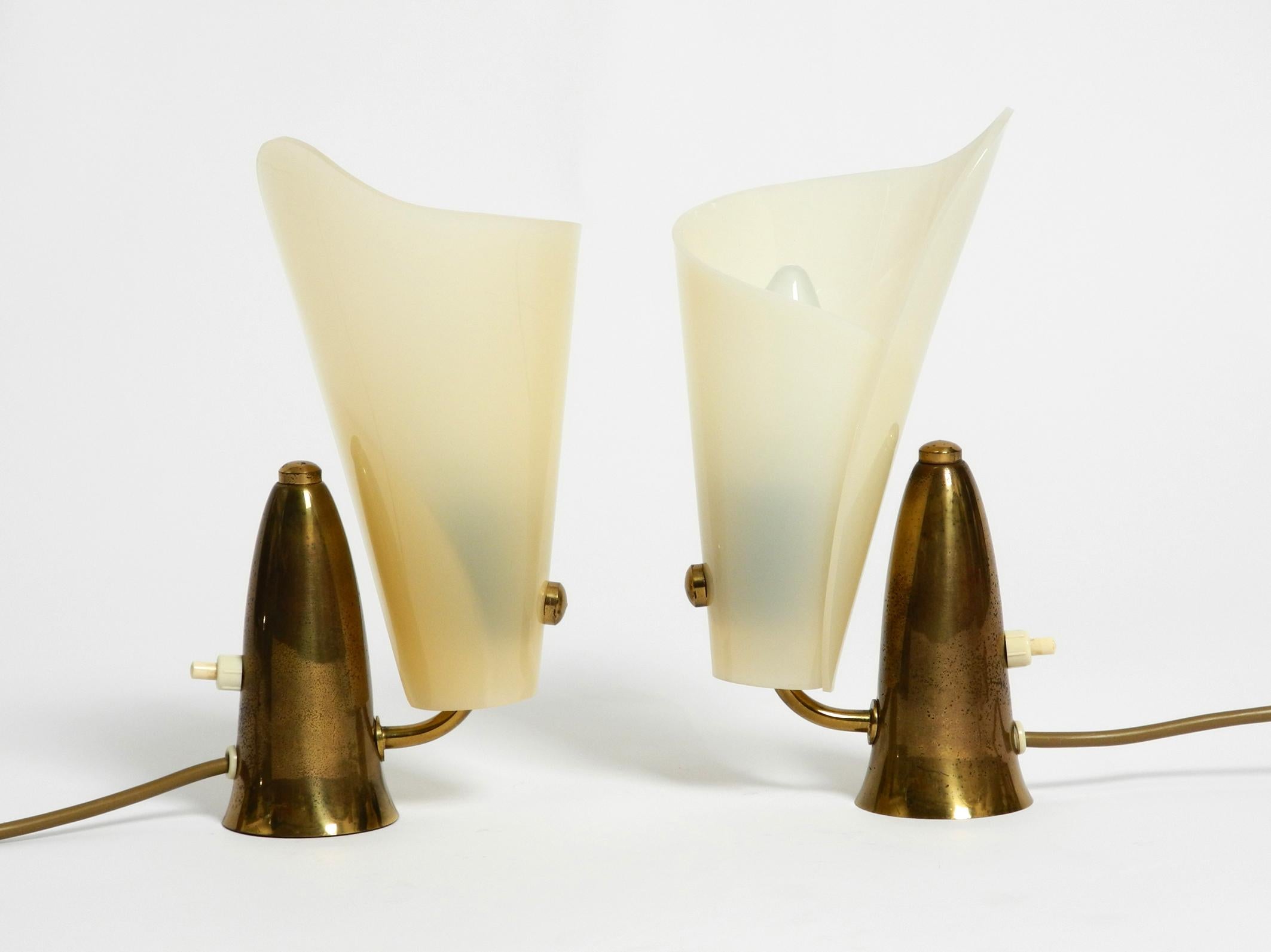 Pair of Rare Fancy Italian Midcentury Brass Table Lamps with Plexiglass Shades 1