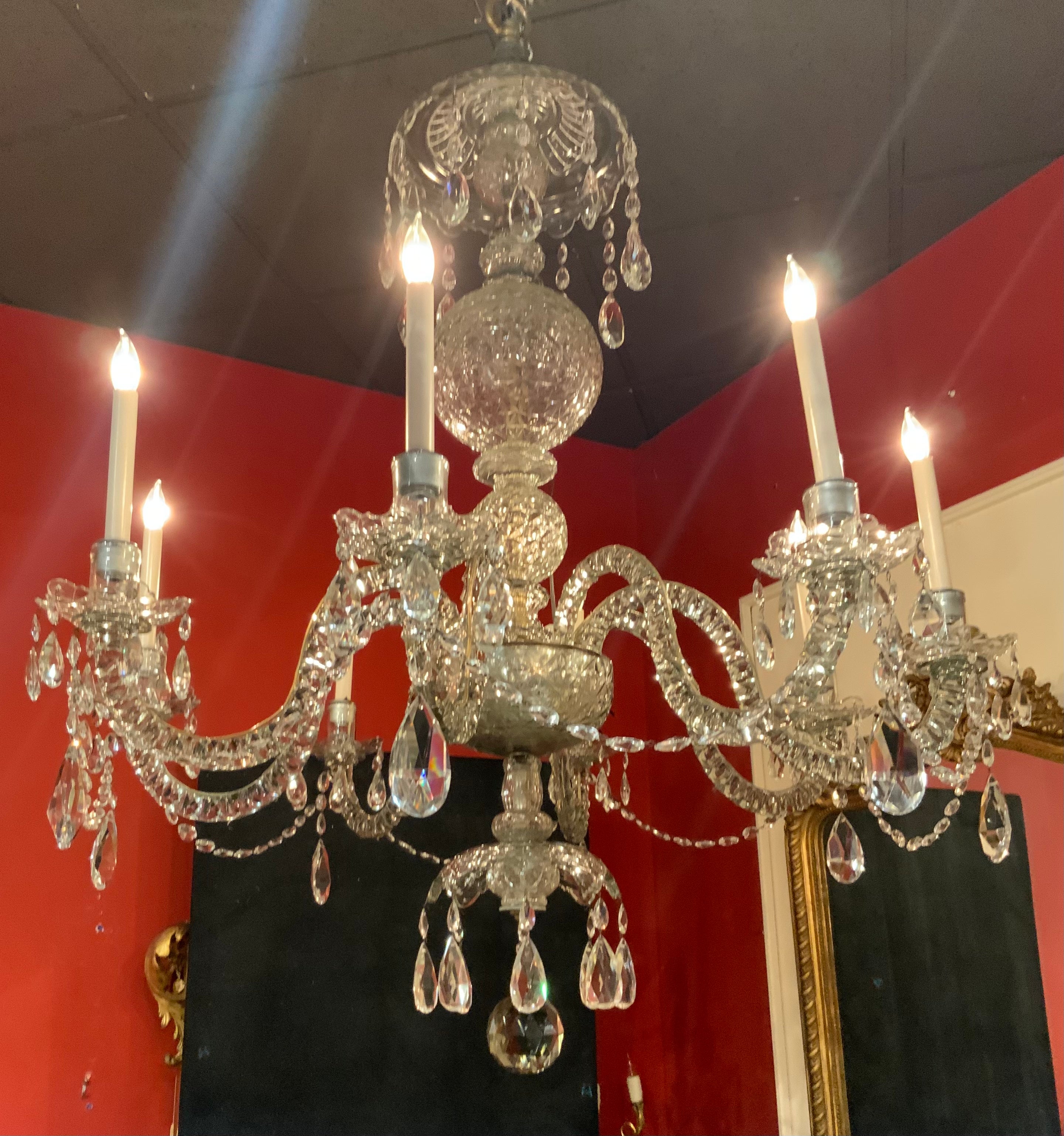 Pair of Rare, Fine 19th Century Large Waterford Chandeliers with Eight Lights For Sale