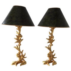 Pair of Rare Fondica by Mathias, Heavy Gilded Bronze Table Lamps