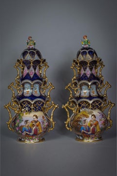 Pair of Rare French Porcelain Covered "Pagoda" Urns, Bayeux, circa 1845