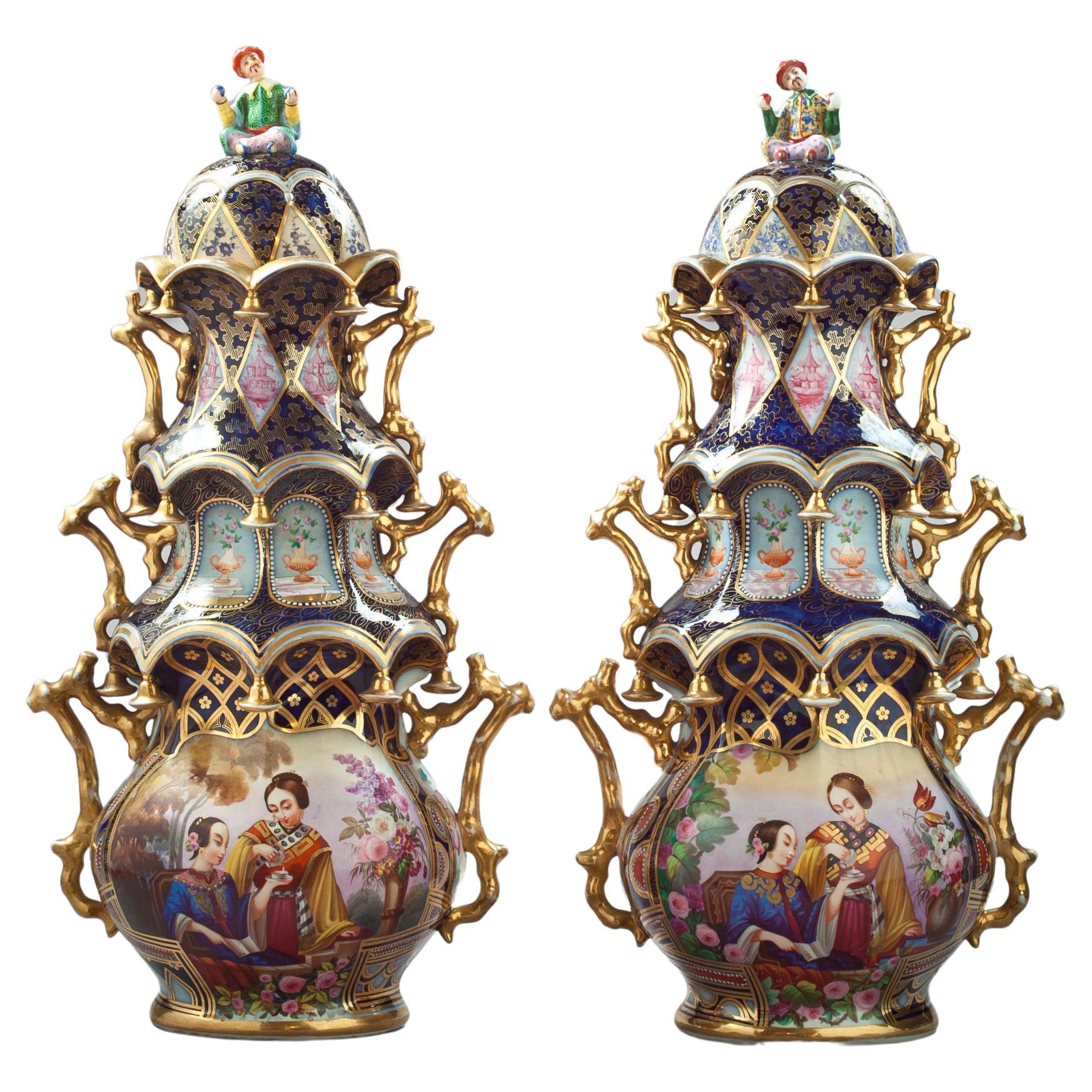 Pair of Rare French Porcelain Covered "Pagoda" Urns, Bayeux, circa 1845 For Sale