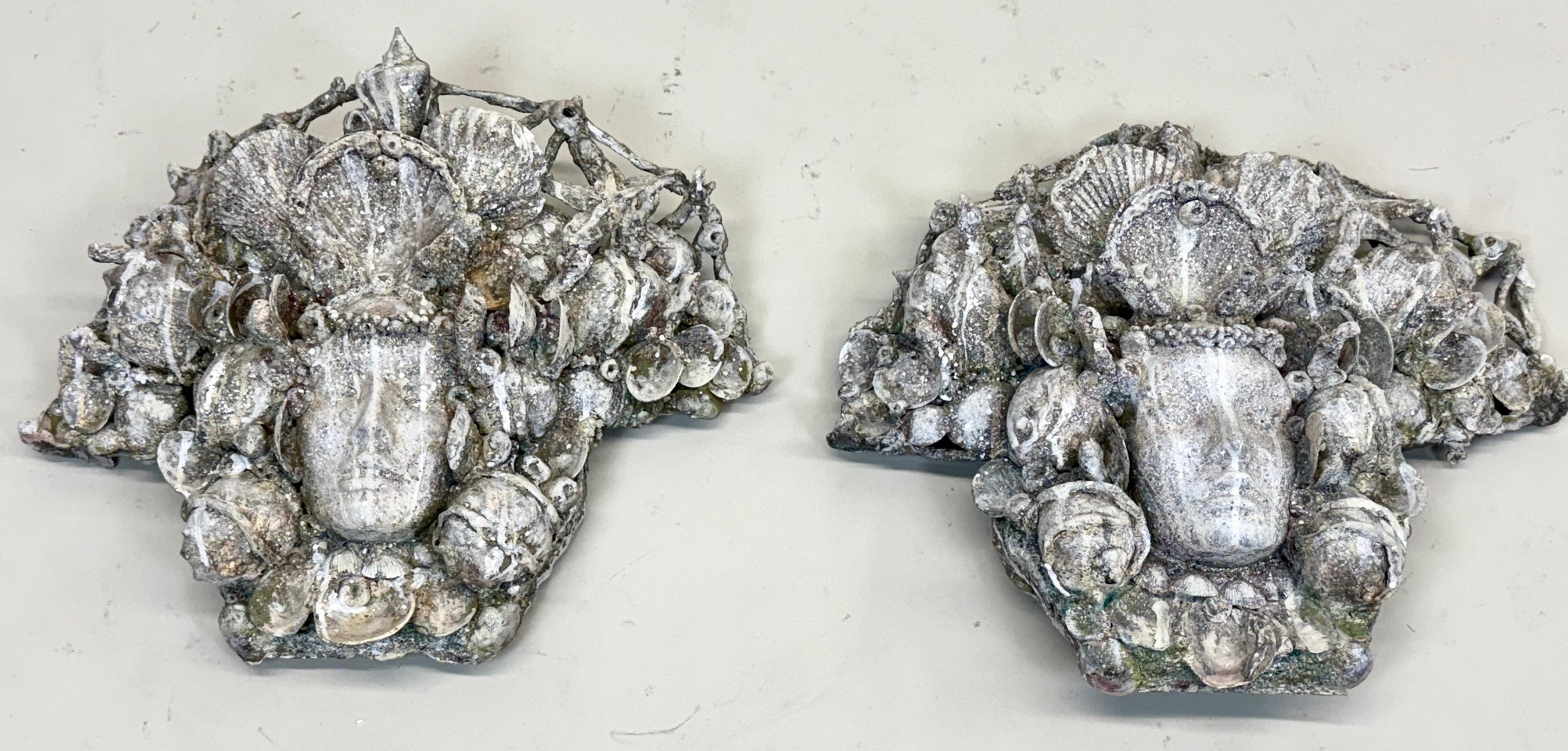 A Pair of Rare and Original French Shell, Sea Life, Plaster and Patinated Gesso Sconces by Serge Roche for Maison Jansen, Paris, circa 1935. Roche's designs were showcased in elite Parisian interiors and high society homes. These poetic, bold works