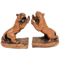 Pair of Rare Galvano Bronze Roaring Tiger Bookends circa 1920s
