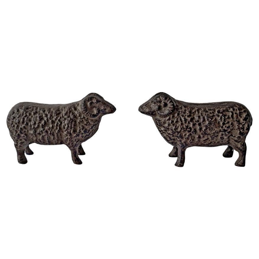 Pair of Rare German Art Deco Iron Sheep Sculptures Bookends Paperweights For Sale