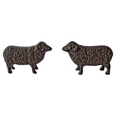 Antique Pair of Rare German Art Deco Iron Sheep Sculptures Bookends Paperweights