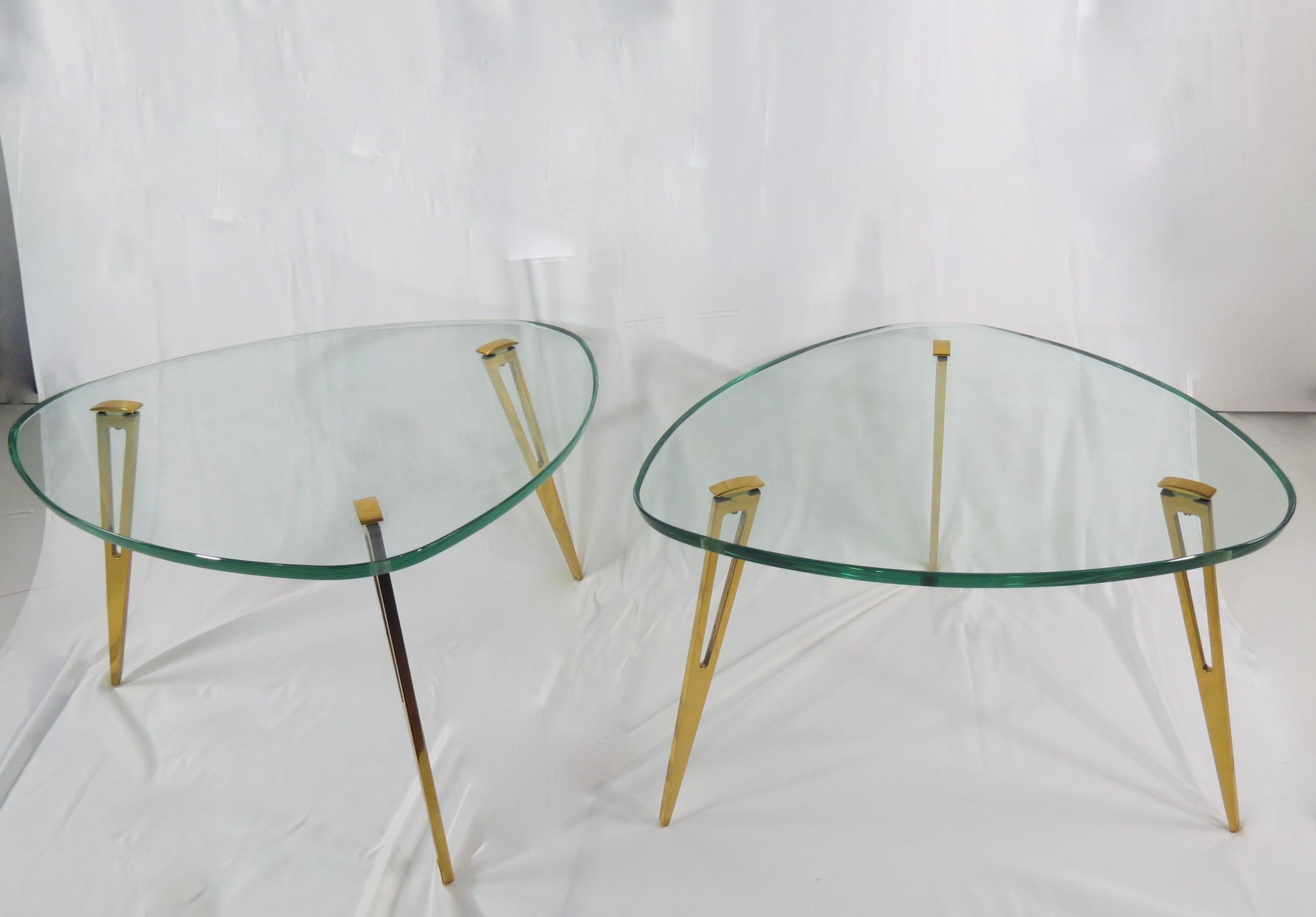 Mid-Century Modern Pair of Rare Glass and Bronze Side Tables Three Feet Attributed to Fontana Arte