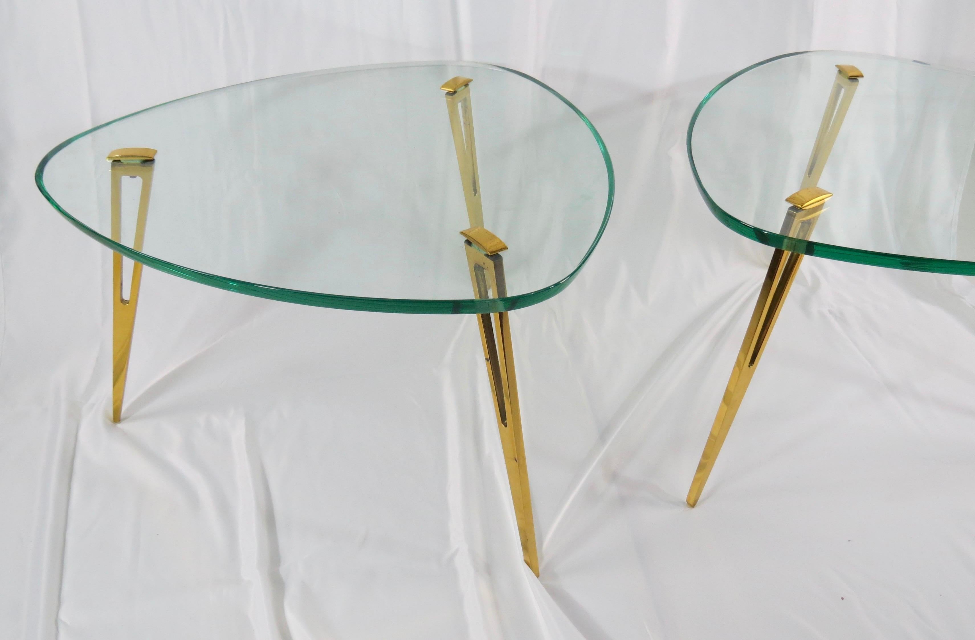 European Pair of Rare Glass and Bronze Side Tables Three Feet Attributed to Fontana Arte