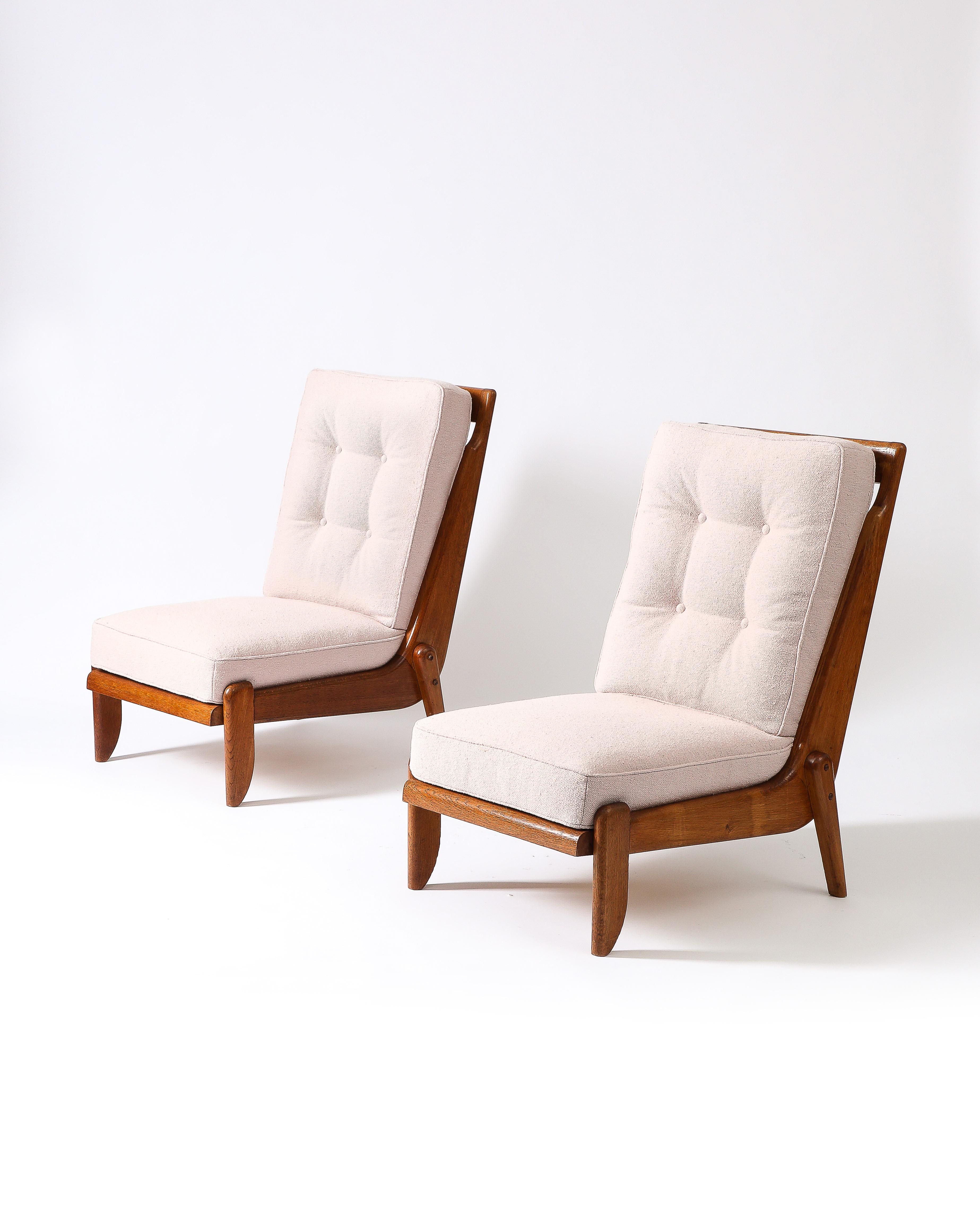 Mid-Century Modern Pair of Rare Guillerme et Chambron Oak Lounge Chairs, France, c. 1960