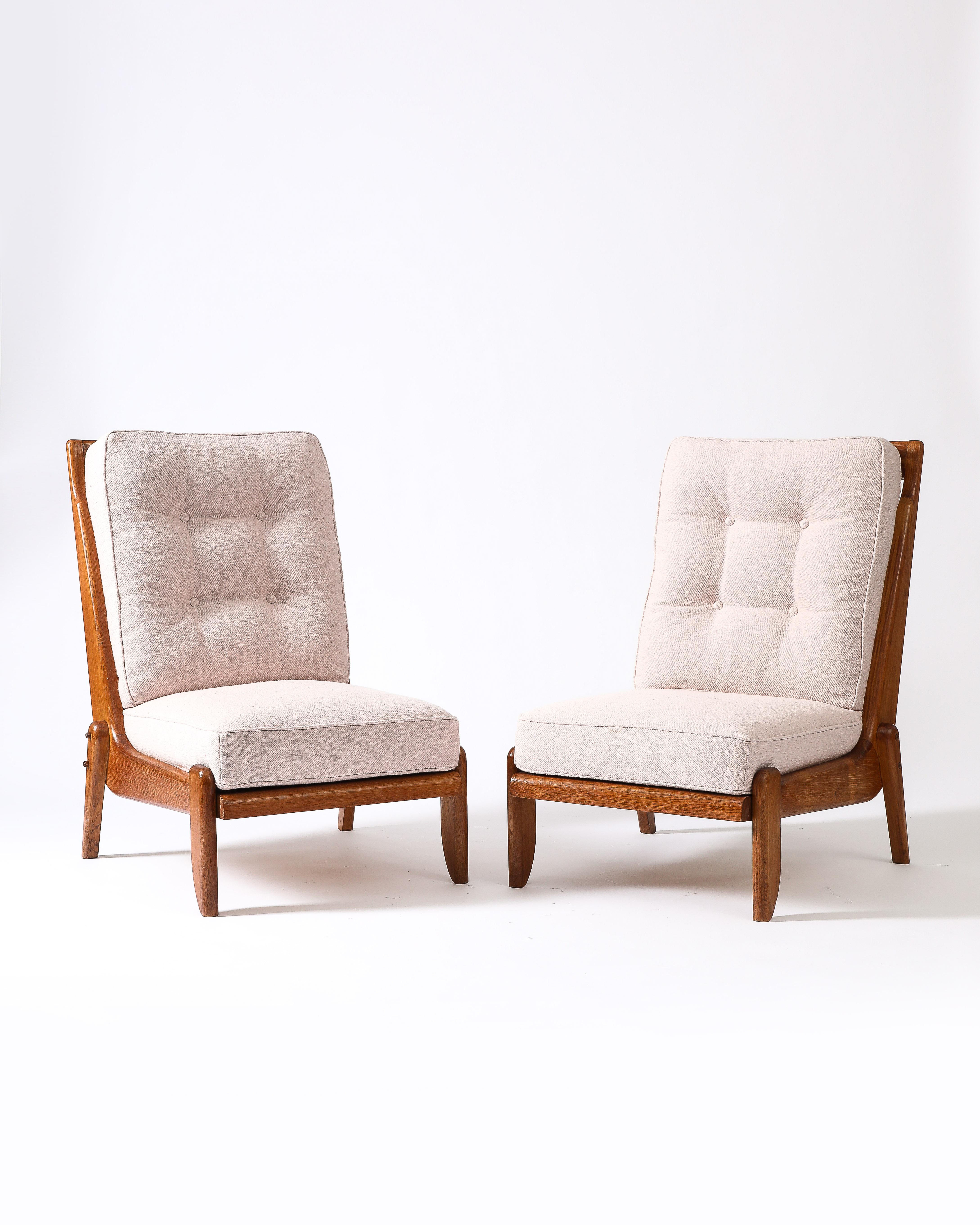 French Pair of Rare Guillerme et Chambron Oak Lounge Chairs, France, c. 1960