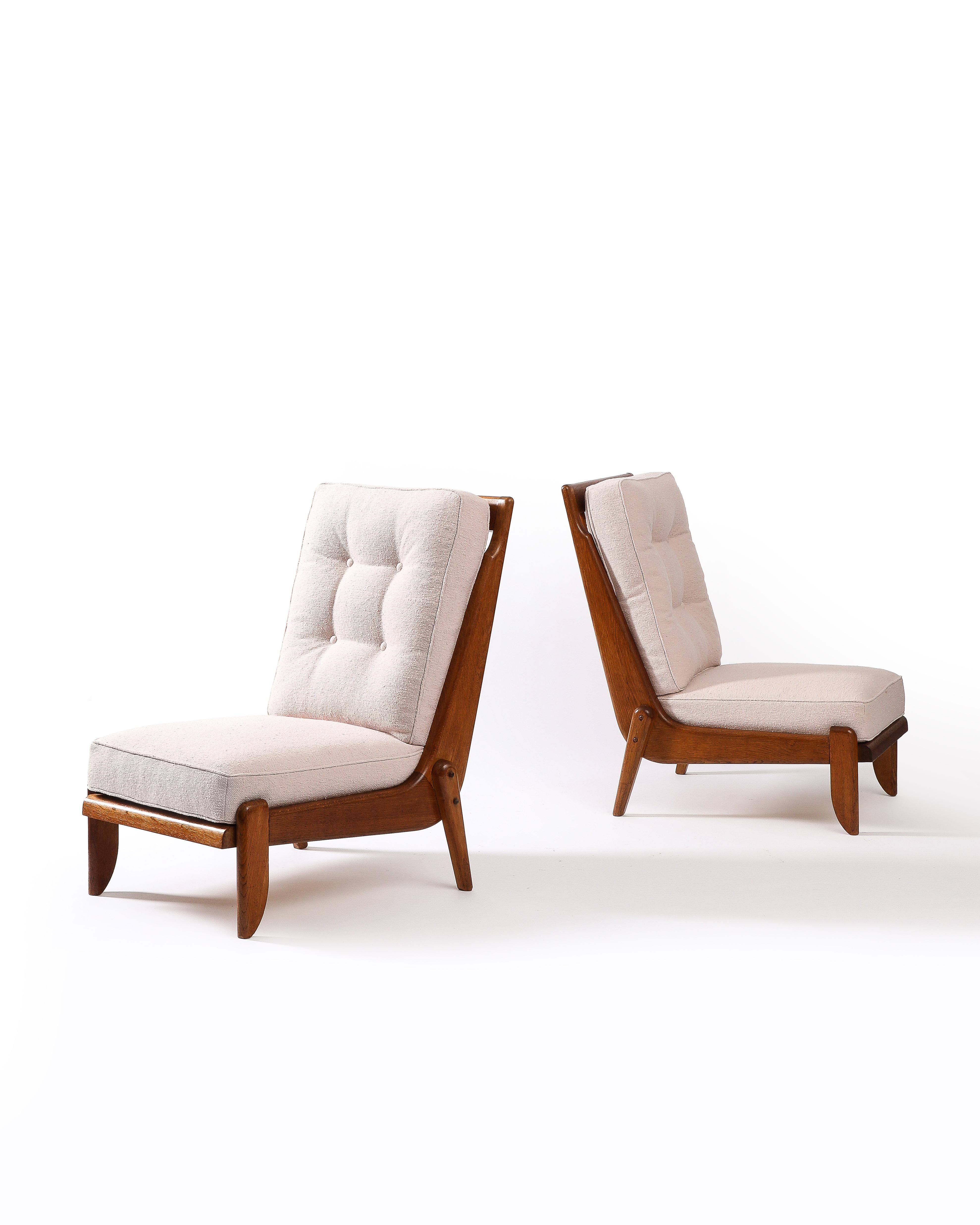 Mid-20th Century Pair of Rare Guillerme et Chambron Oak Lounge Chairs, France, c. 1960