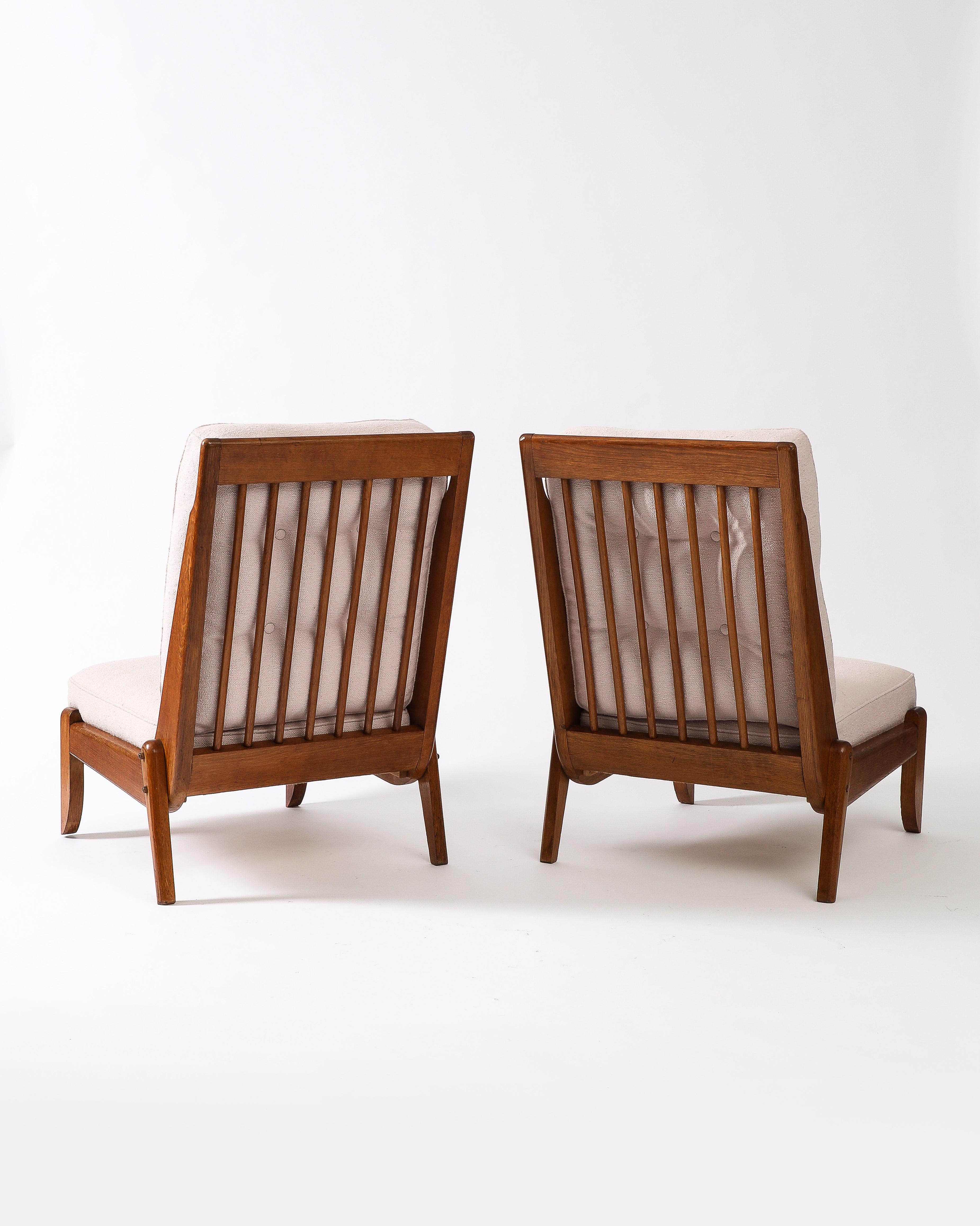Pair of Rare Guillerme et Chambron Oak Lounge Chairs, France, c. 1960 1